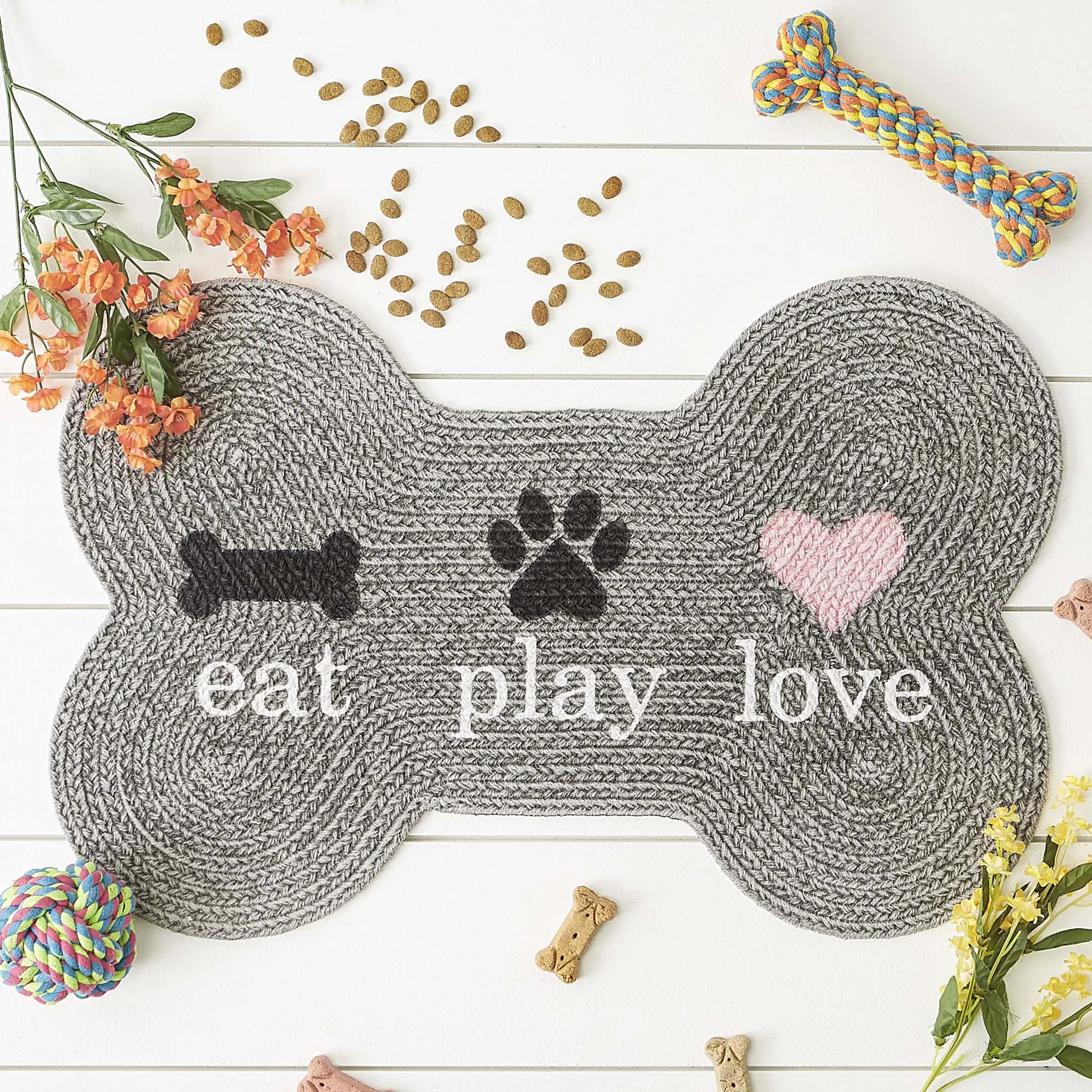 Gray Eat Play Love Bone Shaped Pet Mat 16X24