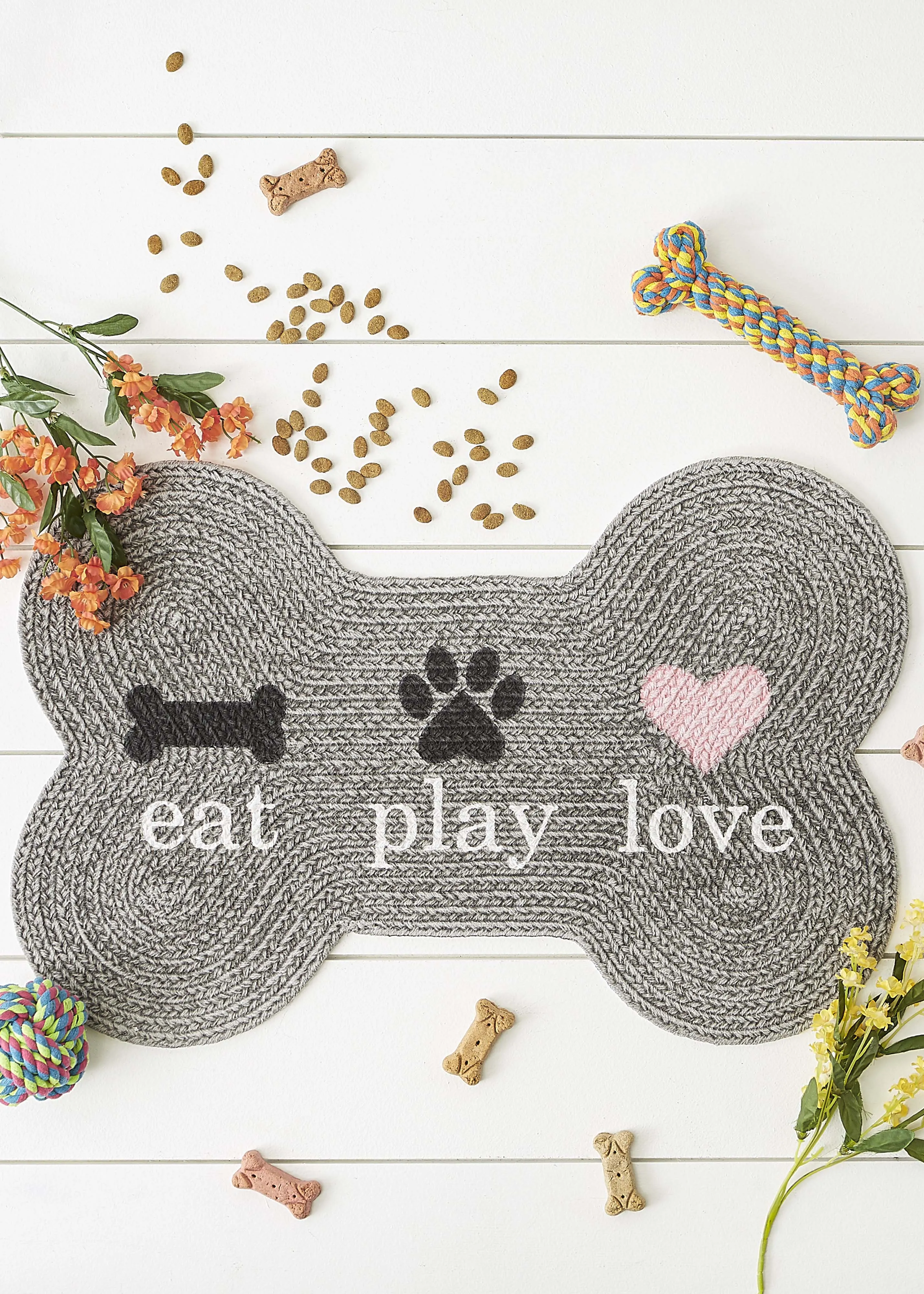 Gray Eat Play Love Bone Shaped Pet Mat 16X24