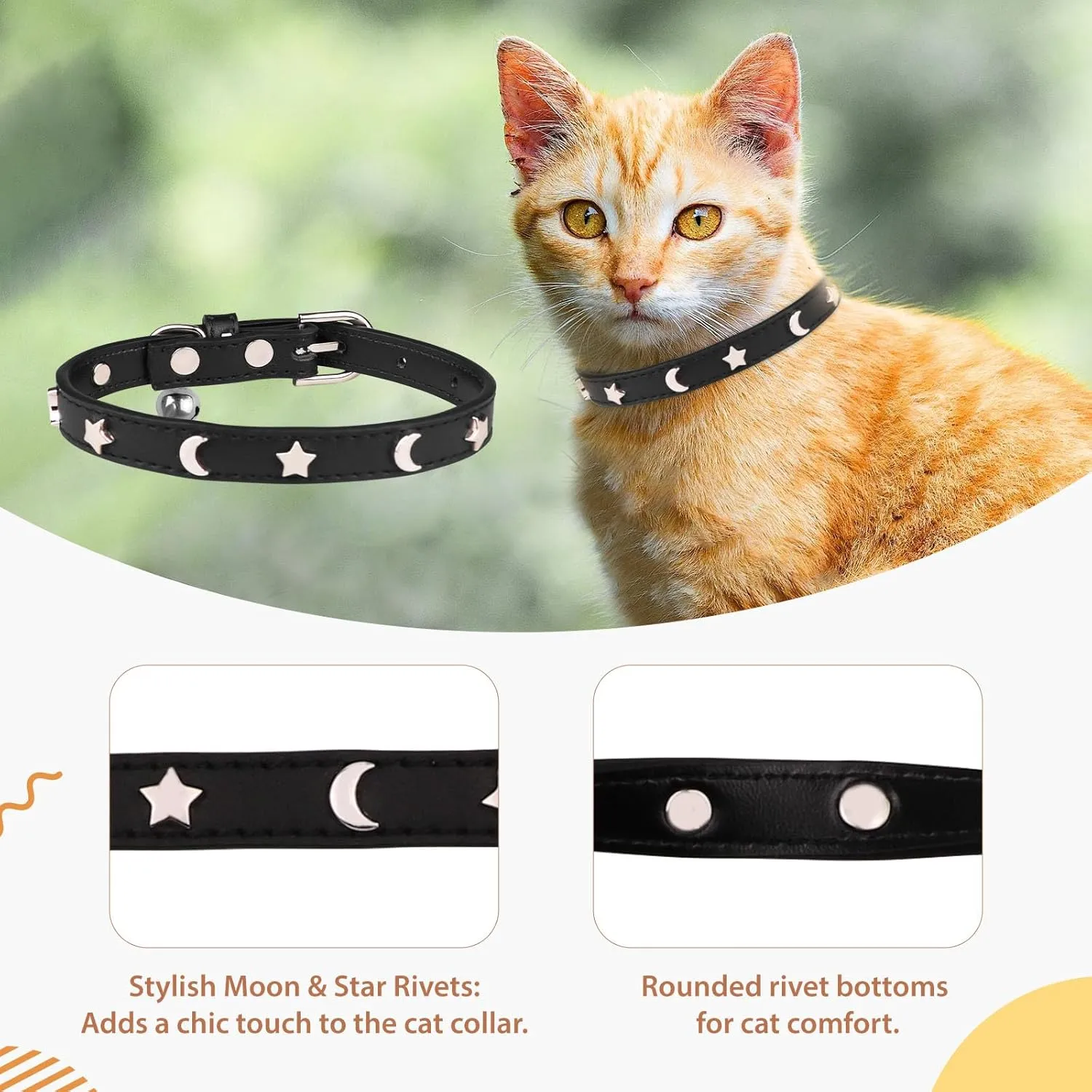 HLJ 2PCS Leather Cat Collars,Cat Collar with Bells Stylish Moon & Star Rivets Adjustable Kitten Collars Cat Collar for Boy&Girl Cats,Black&Purple(XS)