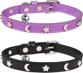 HLJ 2PCS Leather Cat Collars,Cat Collar with Bells Stylish Moon & Star Rivets Adjustable Kitten Collars Cat Collar for Boy&Girl Cats,Black&Purple(XS)
