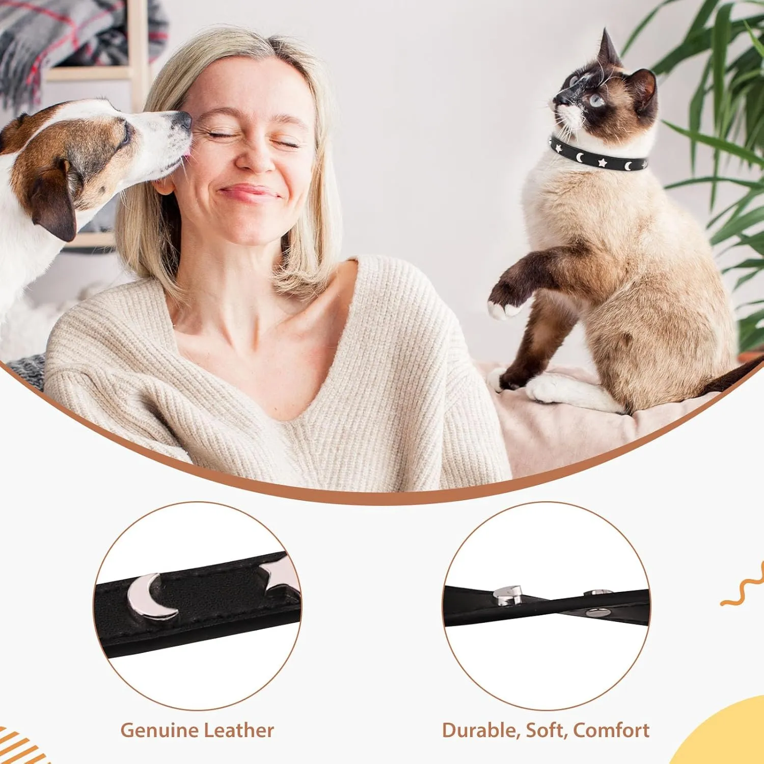 HLJ 2PCS Leather Cat Collars,Cat Collar with Bells Stylish Moon & Star Rivets Adjustable Kitten Collars Cat Collar for Boy&Girl Cats,Black&Purple(XS)