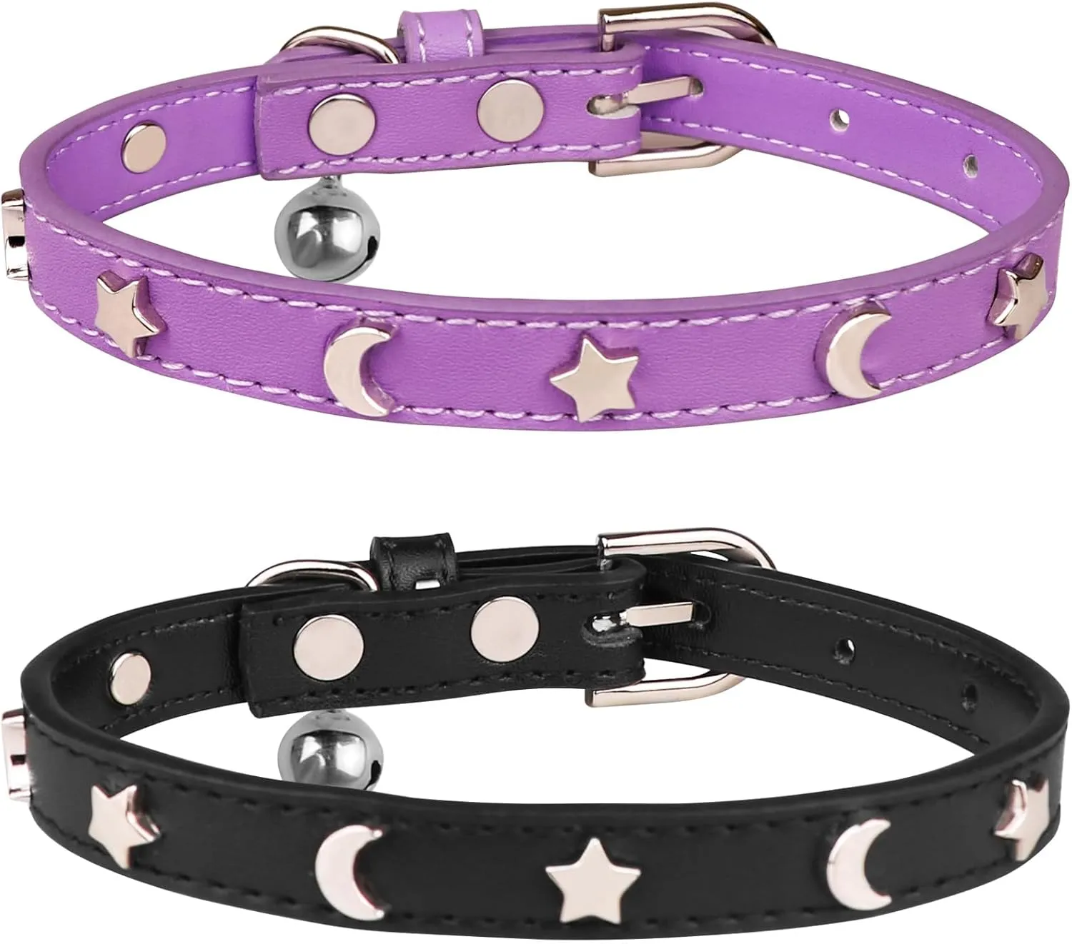 HLJ 2PCS Leather Cat Collars,Cat Collar with Bells Stylish Moon & Star Rivets Adjustable Kitten Collars Cat Collar for Boy&Girl Cats,Black&Purple(XS)