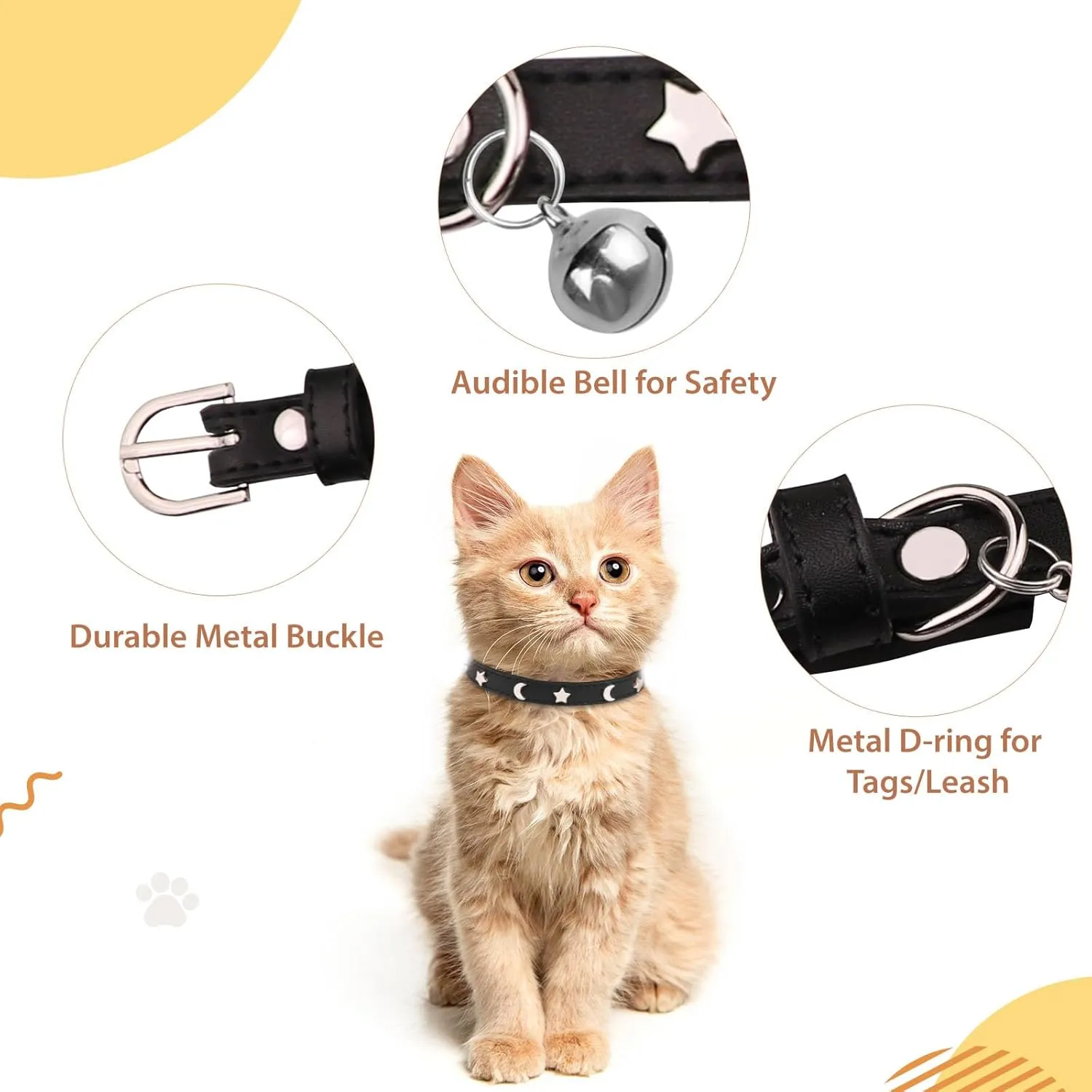 HLJ 2PCS Leather Cat Collars,Cat Collar with Bells Stylish Moon & Star Rivets Adjustable Kitten Collars Cat Collar for Boy&Girl Cats,Black&Purple(XS)