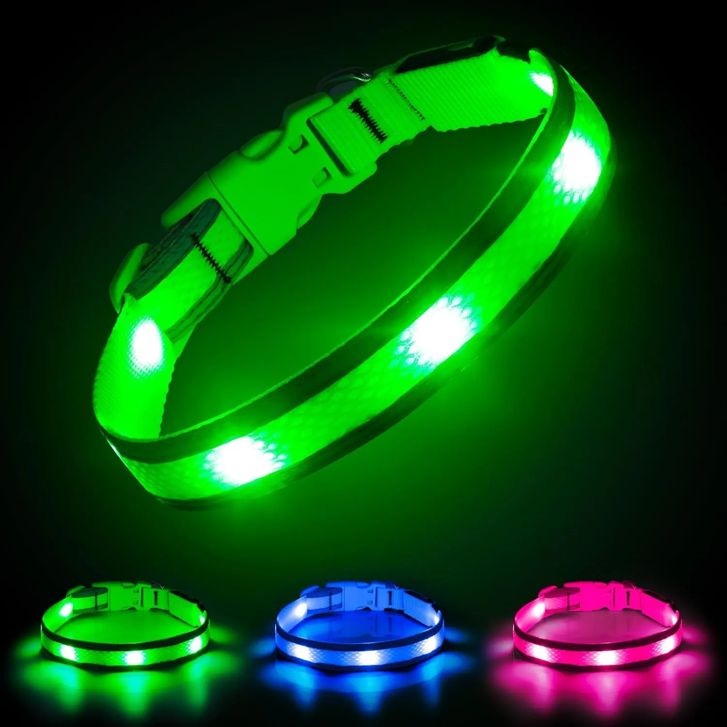 Illumifun Light Up Dog Collar - USB Rechargeable LED Dog Collar Glow in The Dark - High Visibility Glow Collar Light for Nighttime Walking (Large, Fluorescent Green)