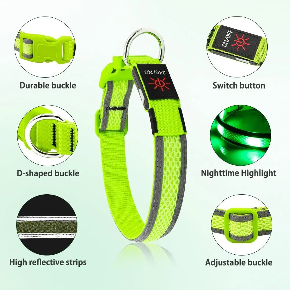 Illumifun Light Up Dog Collar - USB Rechargeable LED Dog Collar Glow in The Dark - High Visibility Glow Collar Light for Nighttime Walking (Large, Fluorescent Green)