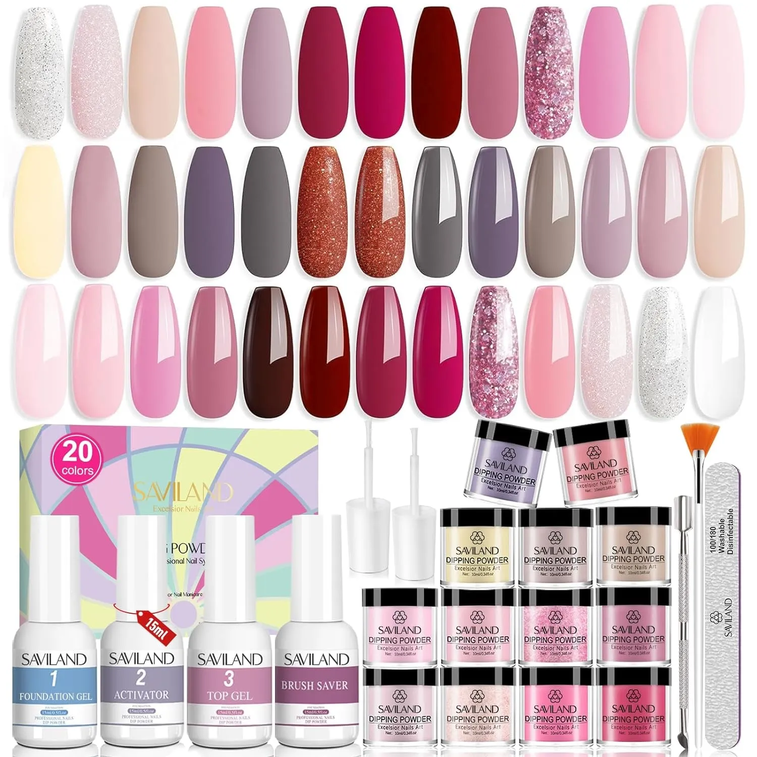 Keratin Infused 20-Color Dip Powder Nail Kit with 4-Piece Liquid Set for Home Manicure & Nail Art