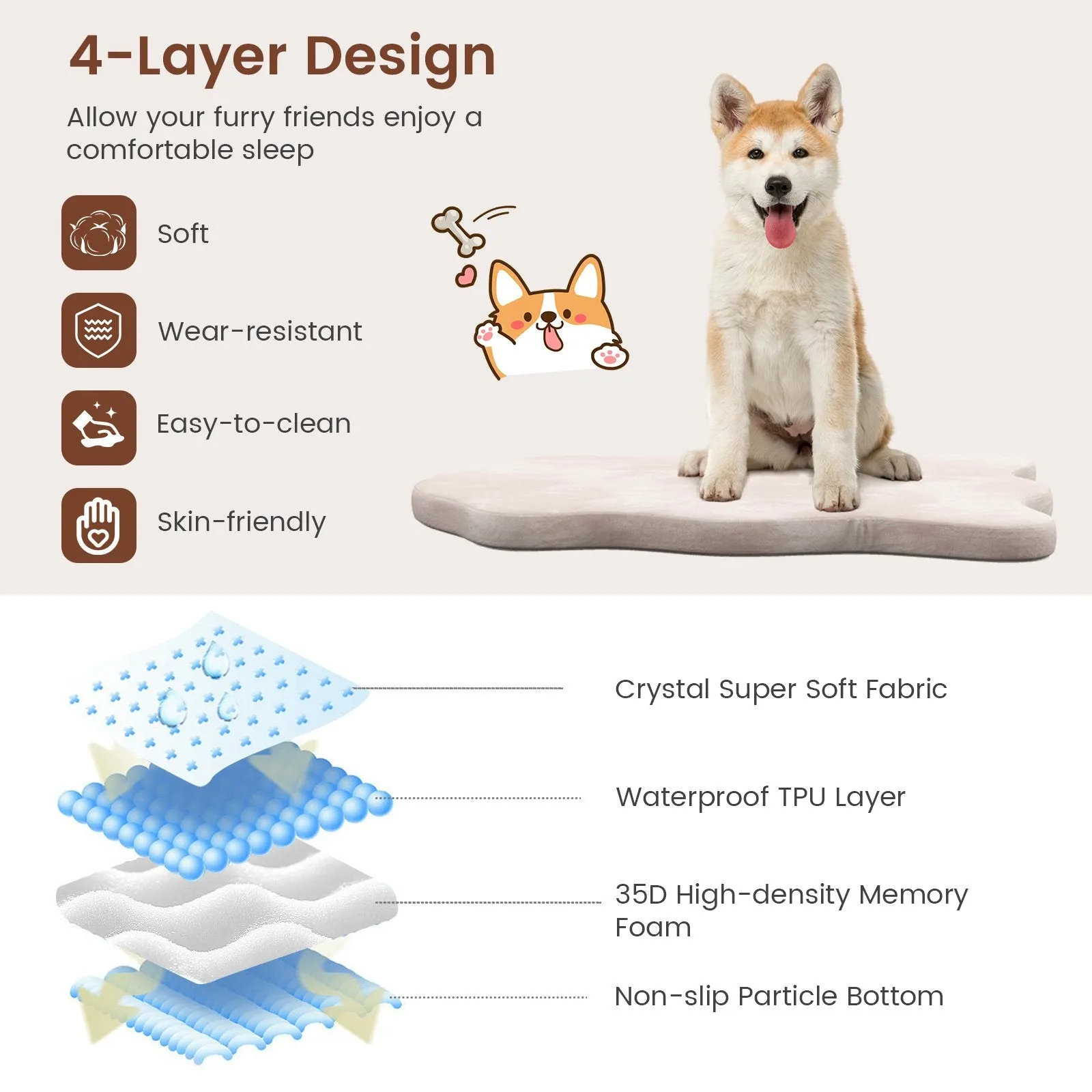 Large Dog Bed with Memory Foam Support and Removable Cover-Beige