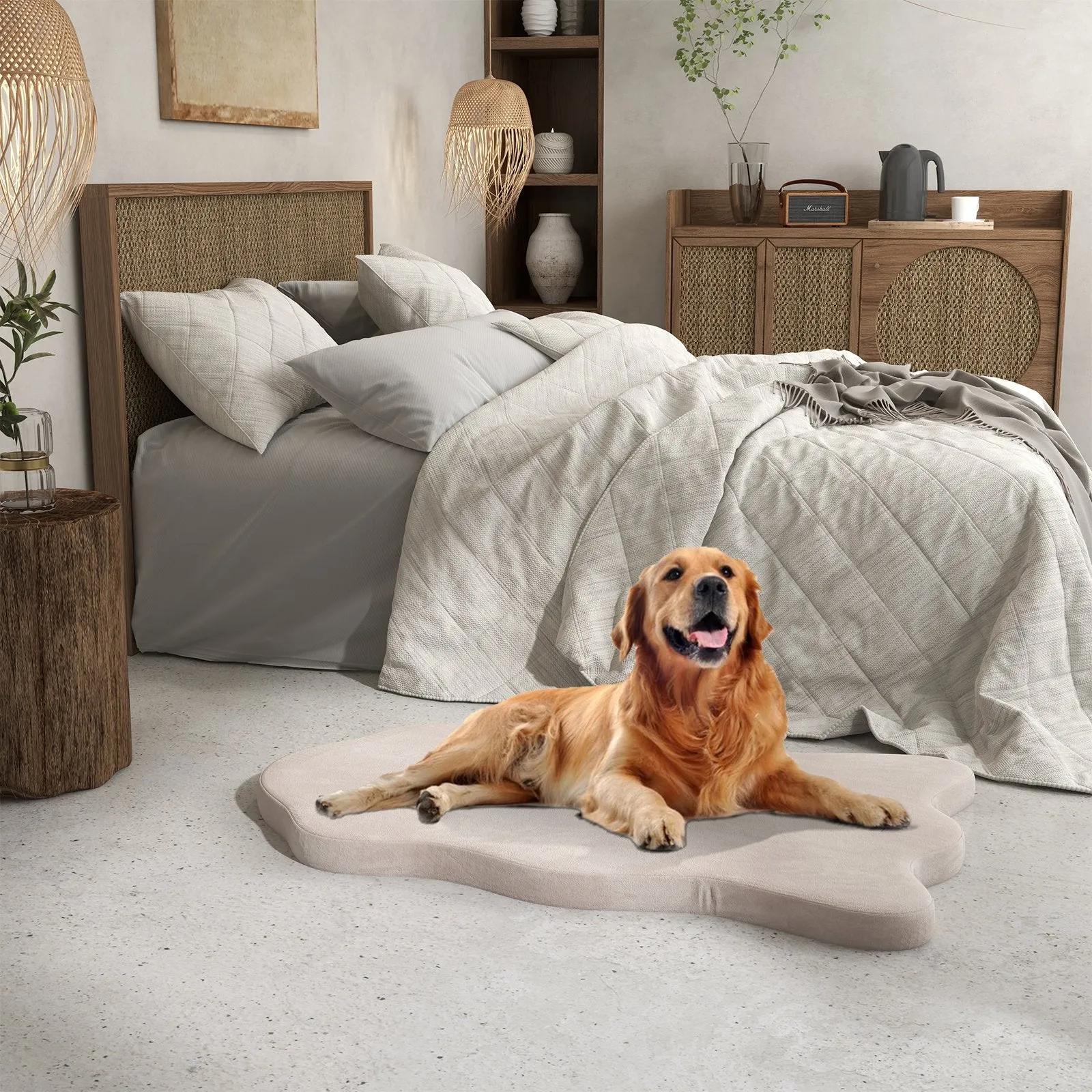 Large Dog Bed with Memory Foam Support and Removable Cover-Beige