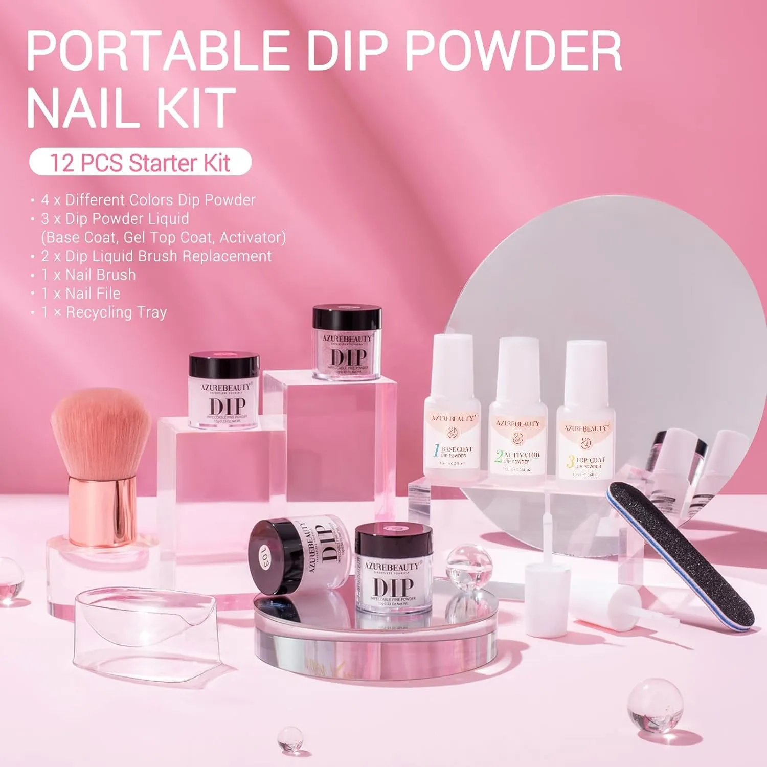 Nude Pink Glitter Dip Powder Nail Kit - 12 PCS DIY Manicure Set with Base, Top Coat & Activator