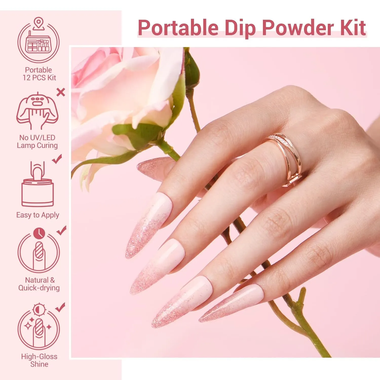 Nude Pink Glitter Dip Powder Nail Kit - 12 PCS DIY Manicure Set with Base, Top Coat & Activator