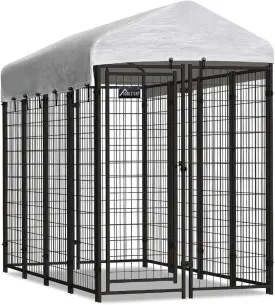 Olympia Tools 6x4x8ft Dog Kennel - Small Outdoor Dog Kennel Kit with UV Protection Waterproof Cover - Heavy Duty Welded Wire Dog Kennels - Ideal Black Pet Cage for Dog Yard Wire Fence - Patio Crates