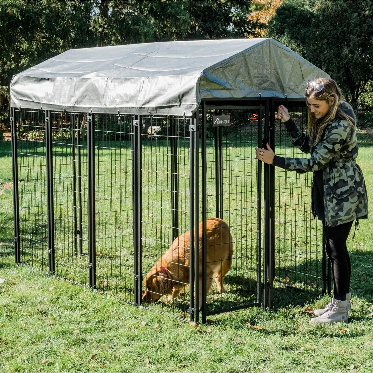 Olympia Tools 6x4x8ft Dog Kennel - Small Outdoor Dog Kennel Kit with UV Protection Waterproof Cover - Heavy Duty Welded Wire Dog Kennels - Ideal Black Pet Cage for Dog Yard Wire Fence - Patio Crates