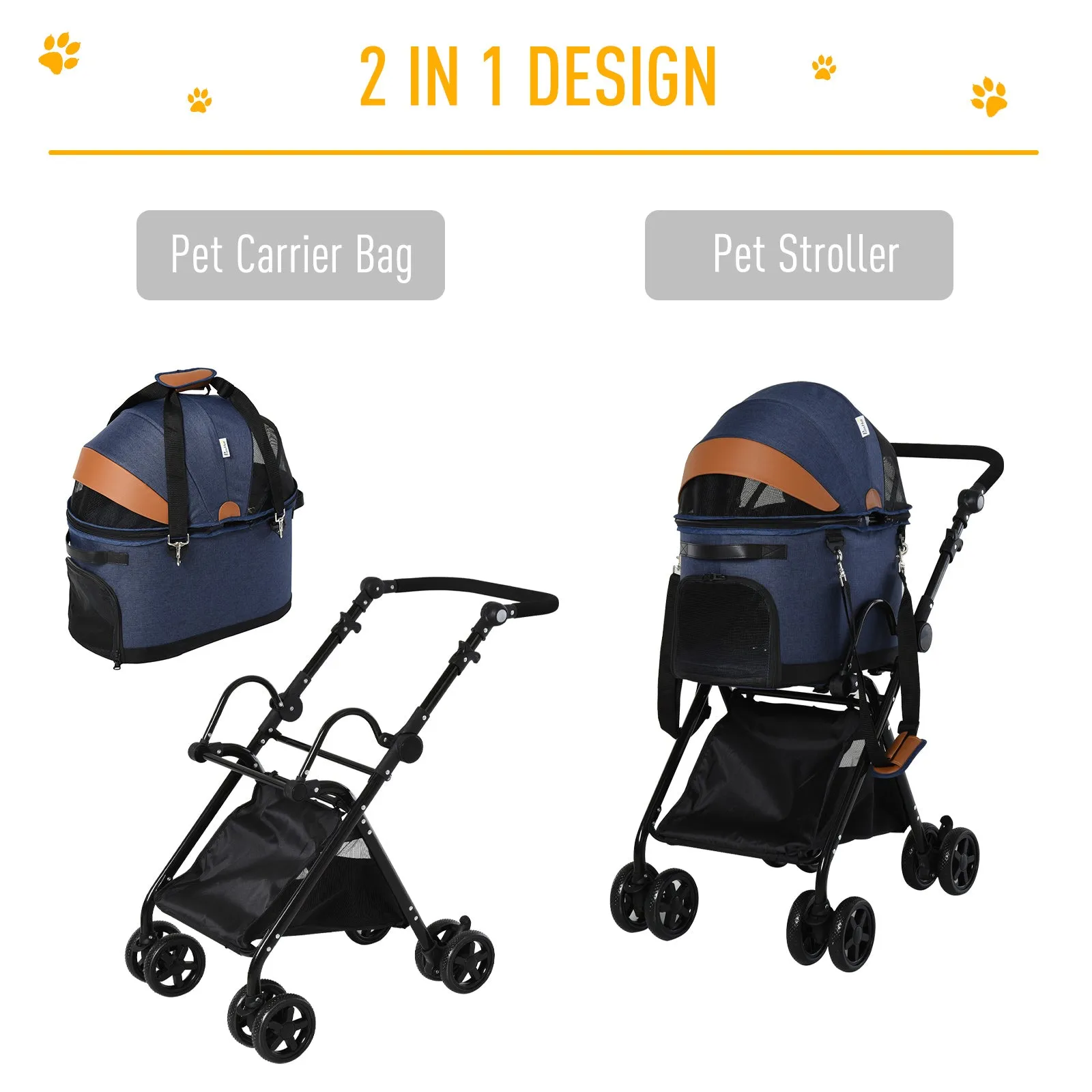 Oxford Cloth 2-in-1 Convertible Pet Stroller Blue/Orange