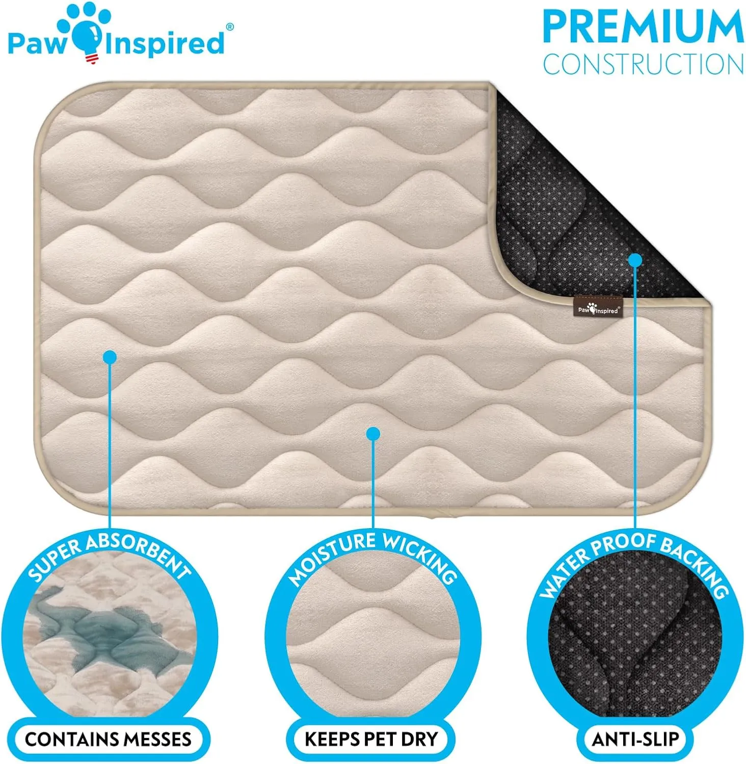 Paw Inspired Washable Padded Crate Mats for Dogs | 29 x 18 Pad, Fits 30-inch Kennels | Leakproof, Waterproof Bottom, Plush Pet Beds (Tan)