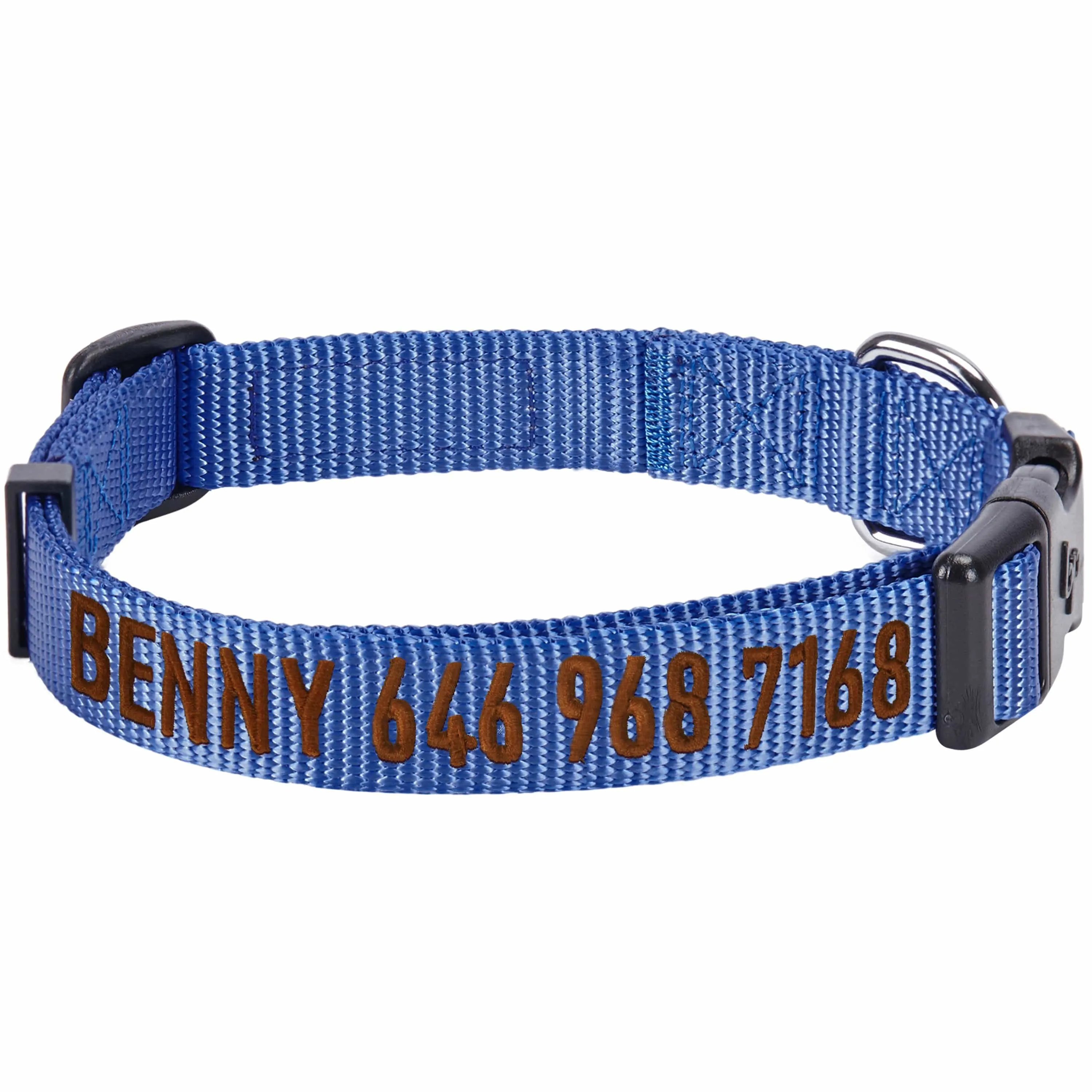 Personalized Dog Collar with Pet Name and Phone, Blue