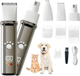 Pet Grooming Kit - Quiet Cordless Hair Clippers for Small Dogs & Cats, 4 in 1 Rechargeable Trimmer with Nail Grinder, USB Clippers for Eyes, Ears, Paws & Sensitive Areas (Gun Color)