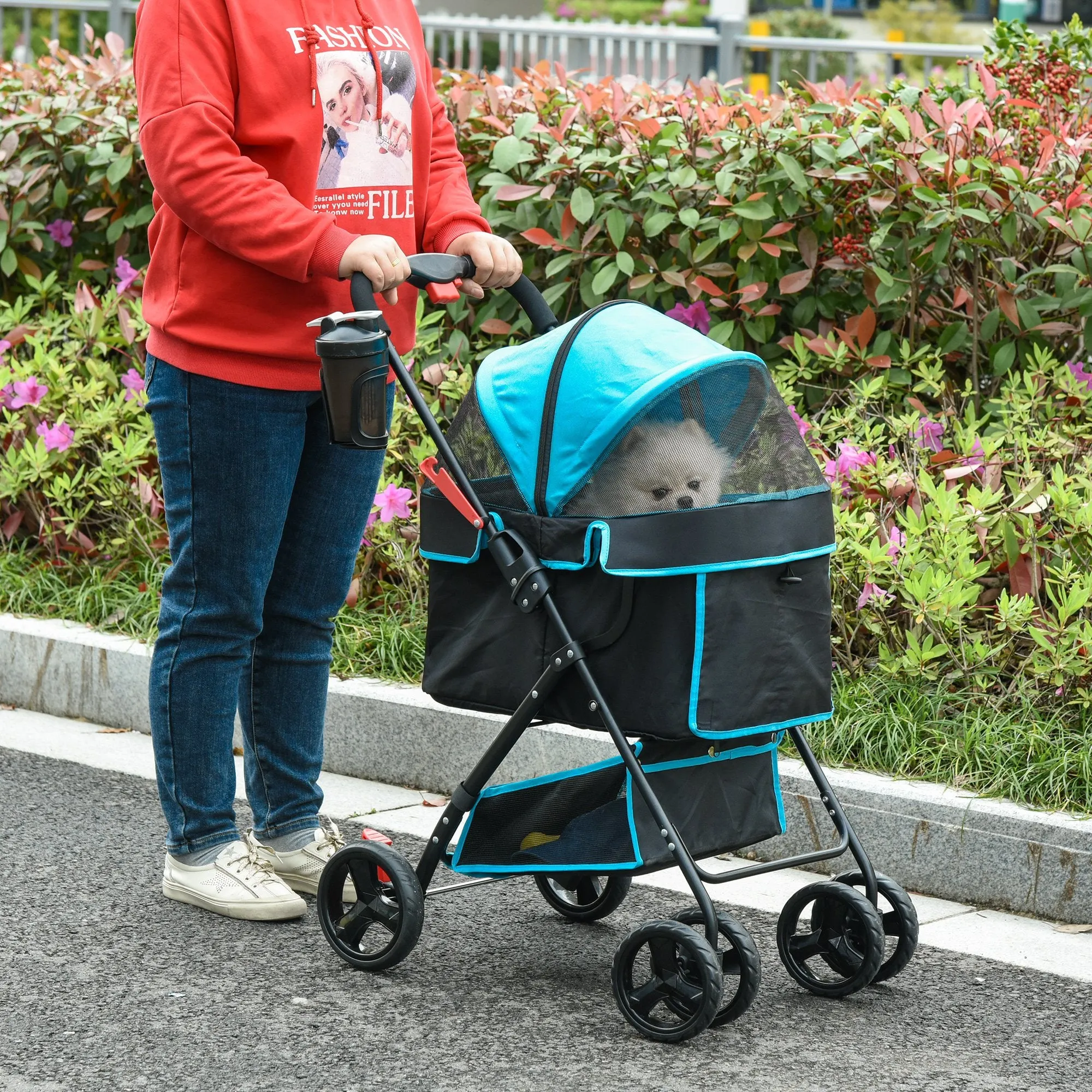 Pet Stroller Foldable Carriage w/ Brake Basket Adjustable Canopy Removable Cloth