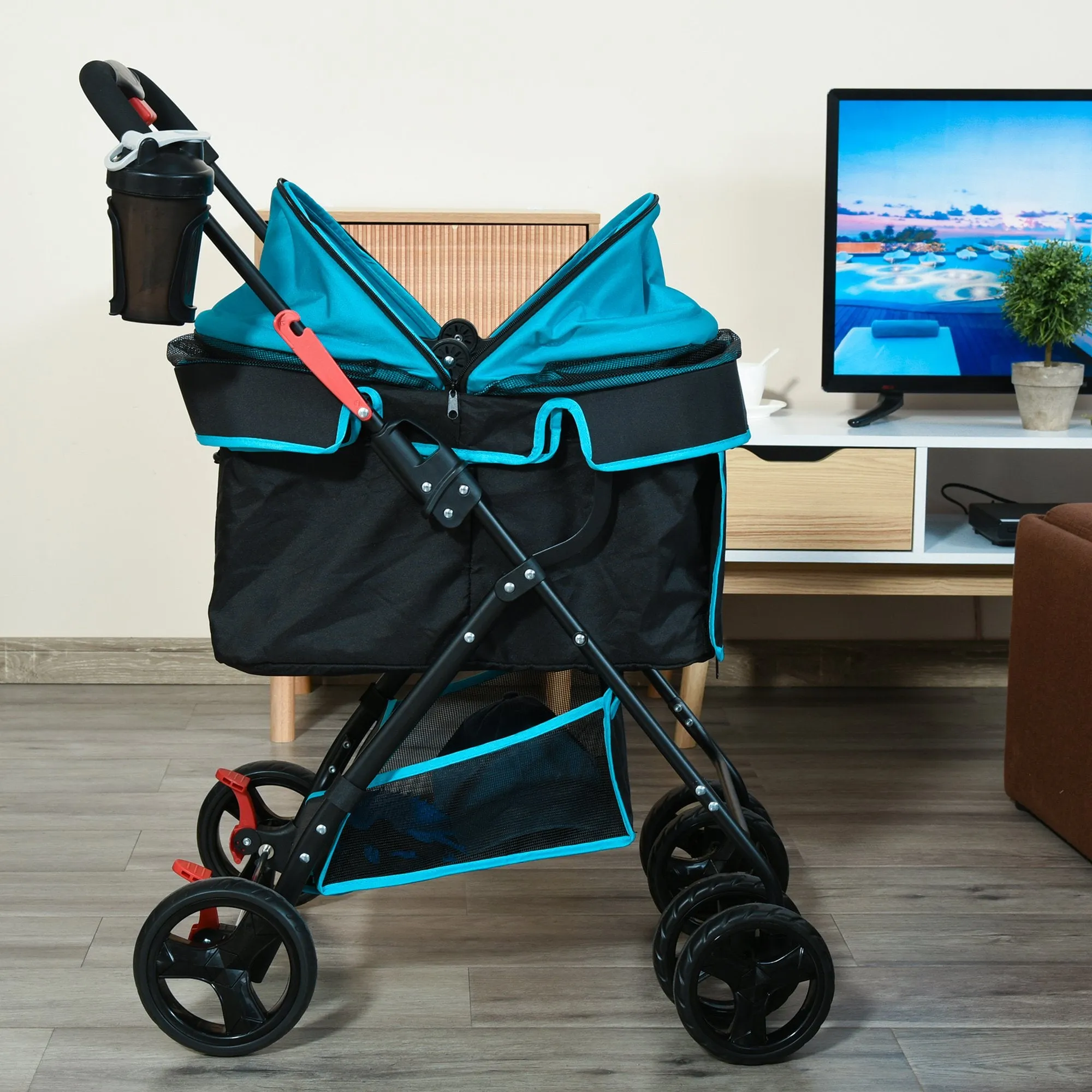 Pet Stroller Foldable Carriage w/ Brake Basket Adjustable Canopy Removable Cloth