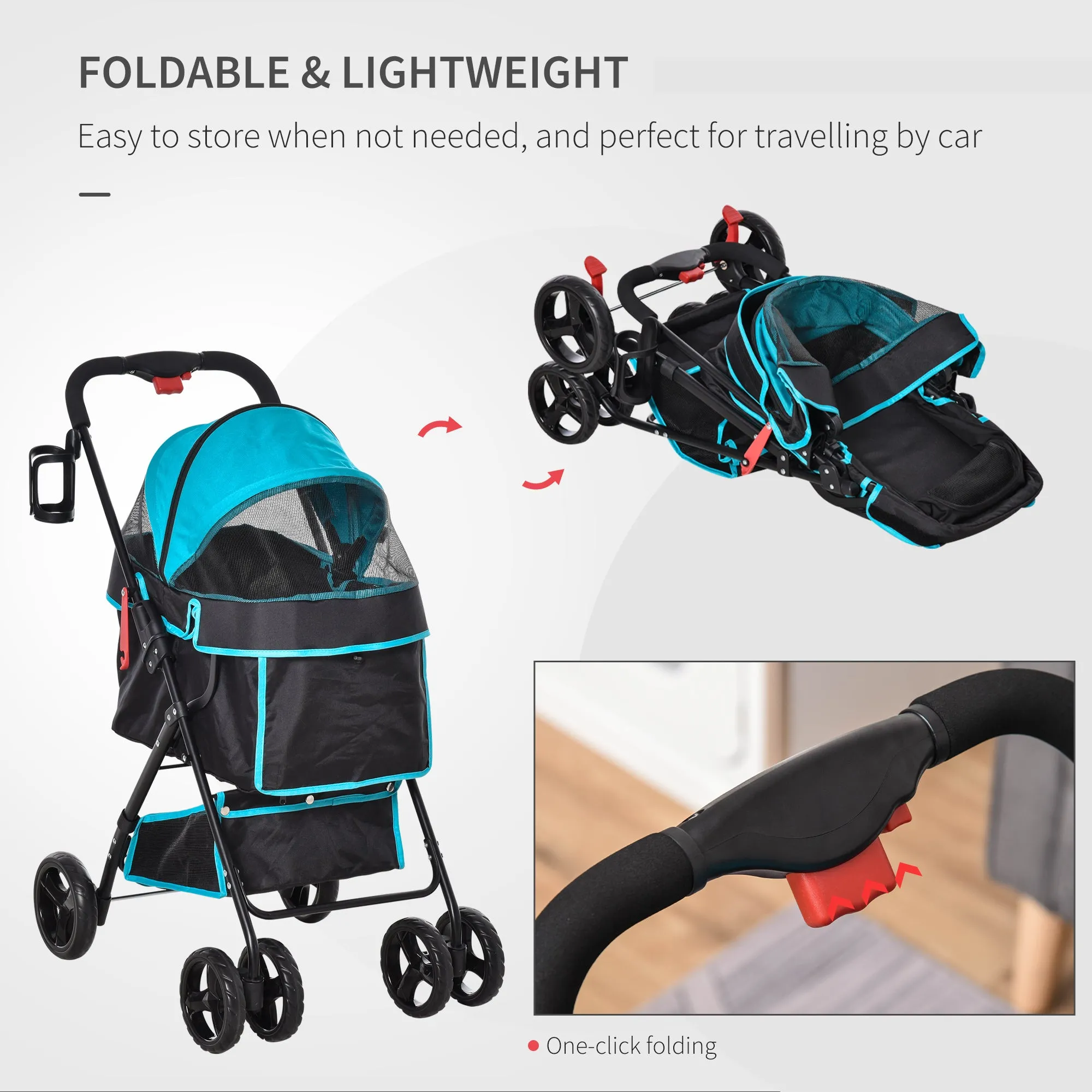 Pet Stroller Foldable Carriage w/ Brake Basket Adjustable Canopy Removable Cloth
