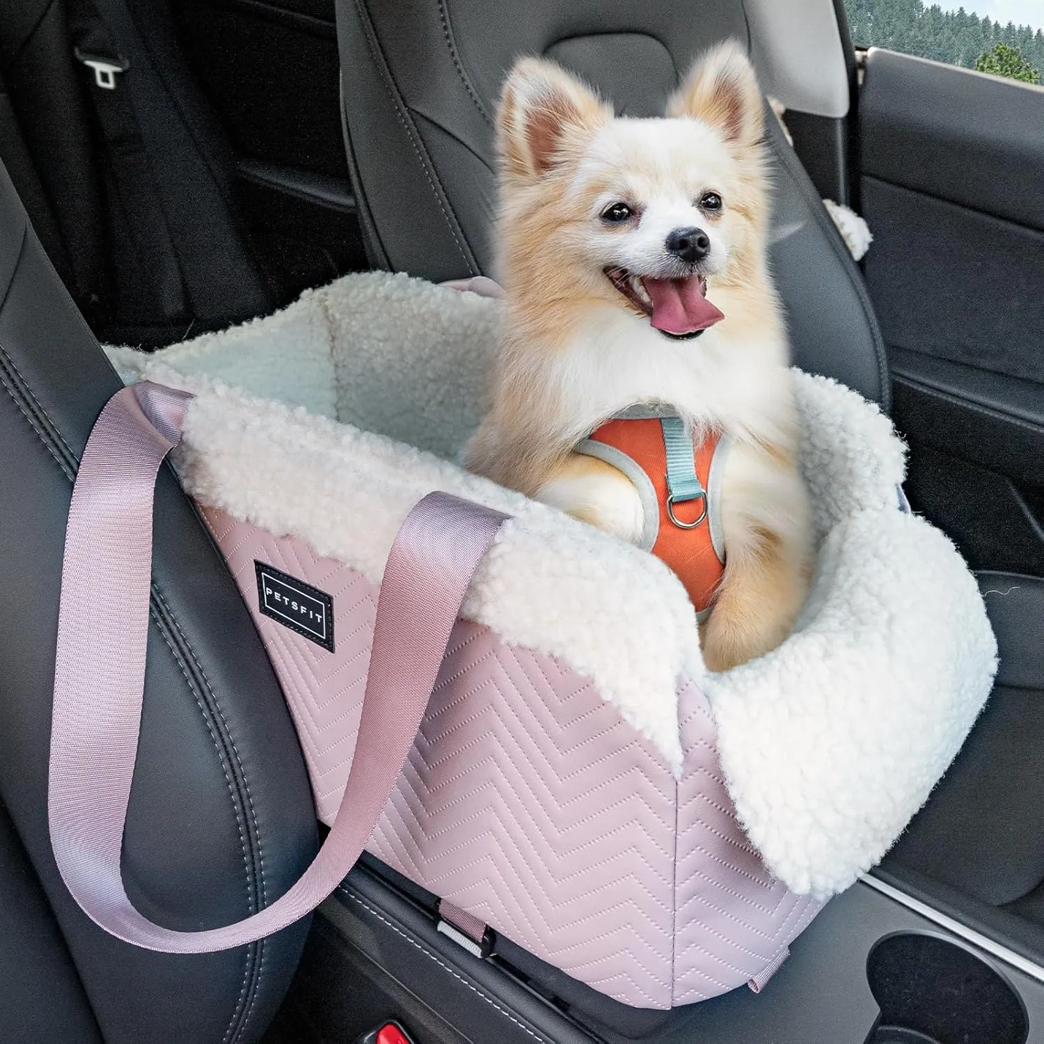 PETSFIT Cat Car Seat, Portable Console Dog Car Seat with Safe Protective Hooks, Luxury Pet Car Seat, Dog Cars Carrier Includes Safety Tether for Pets Up to 9 lbs (Pink)