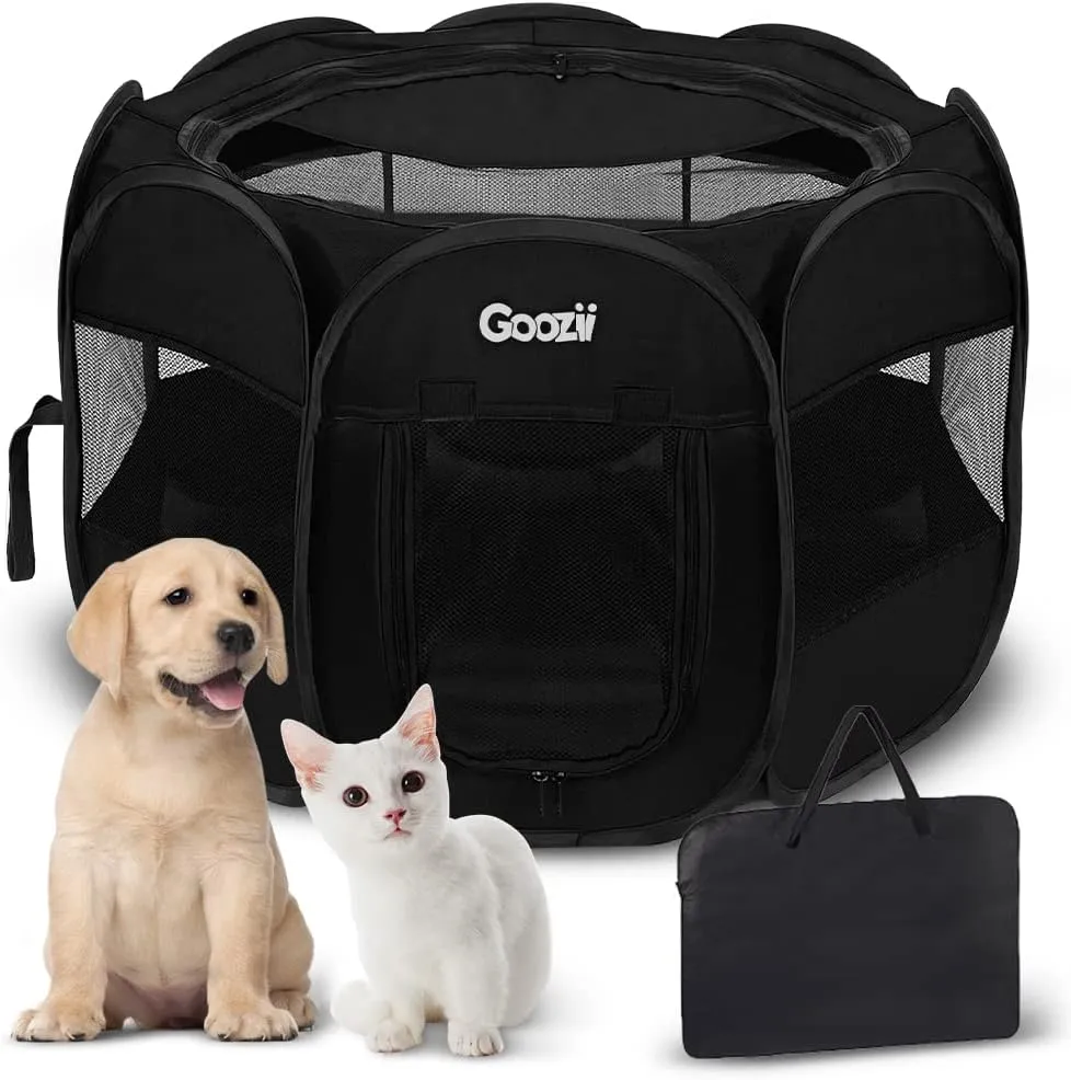 Puppy Playpen Indoor for Small Dogs, Portalble Pet Dog Play Pens Kennel Crate with Top Cover Floor Door Enclosed for Large Cats Animal as Dog Lovers (Black, Medium Size)