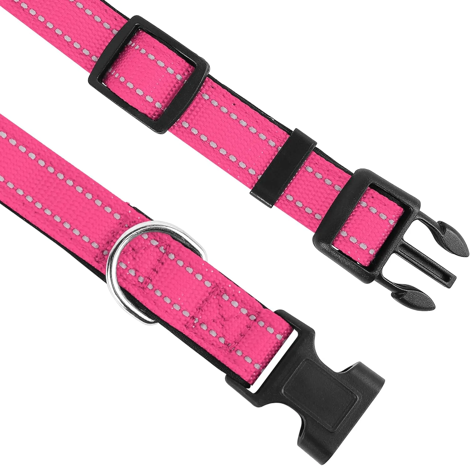 Reflective Dog Collar, Adjustable Soft Neoprene Padded Nylon Pet Collars with Buckle for Large Dogs, Hotpink,L