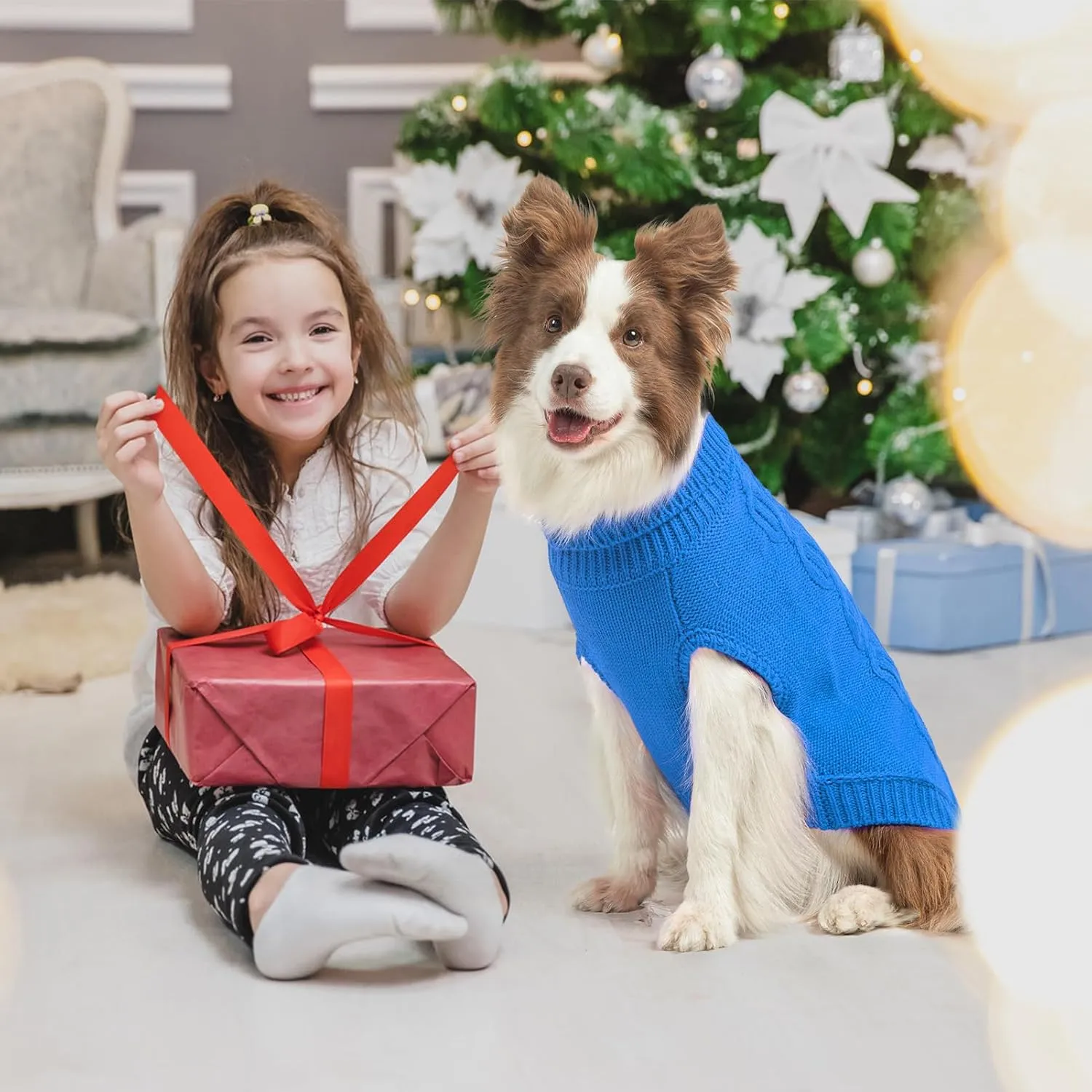 SCENEREAL Knitted Dog Sweater for Large Medium Small Dogs, Cat Dog Winter Coat Warm Sweatershirts Outfits, Classic Pet Clothes with Leash Hole, Soft Pet Knitwear Apparel for Girls Boys, Lake Blue L