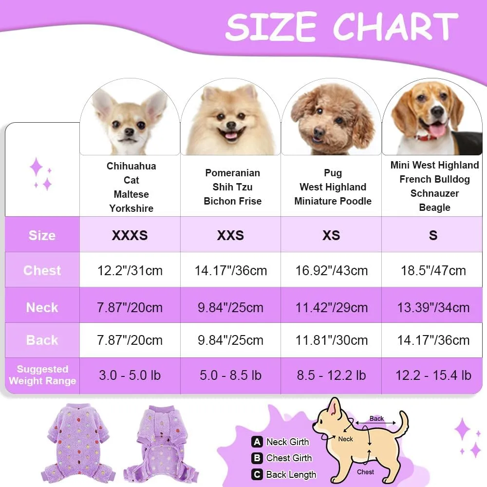 Sebaoyu Fleece Dog Sweater for Small Girl Boy Winter Cute Warm Pajamas Polka Dot Pet Clothes Puppy Yorkie Cat Tiny Outfit Pjs 4 Legs Jumpsuit(Purple,XX-Small)