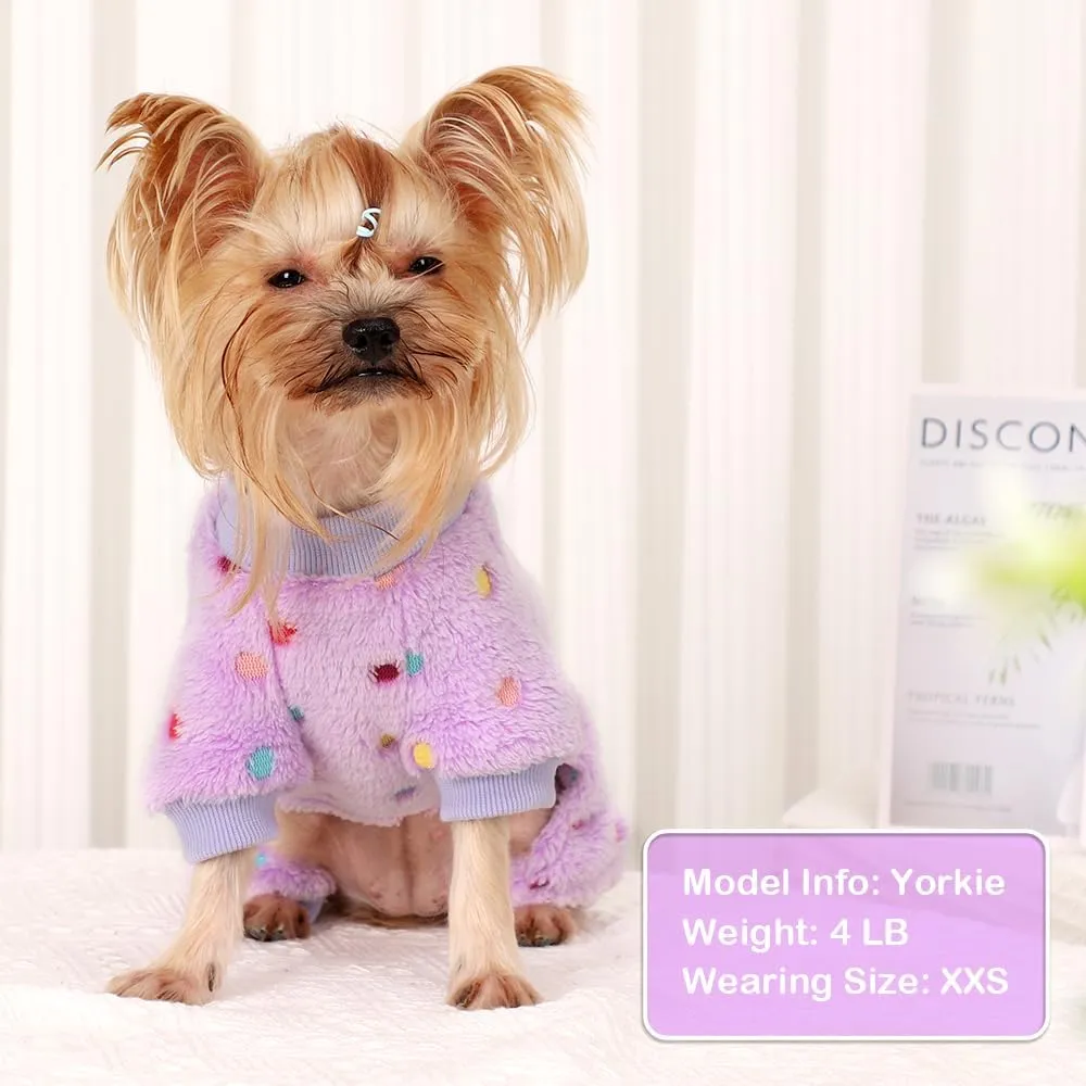 Sebaoyu Fleece Dog Sweater for Small Girl Boy Winter Cute Warm Pajamas Polka Dot Pet Clothes Puppy Yorkie Cat Tiny Outfit Pjs 4 Legs Jumpsuit(Purple,XX-Small)
