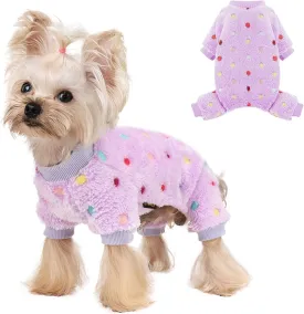 Sebaoyu Fleece Dog Sweater for Small Girl Boy Winter Cute Warm Pajamas Polka Dot Pet Clothes Puppy Yorkie Cat Tiny Outfit Pjs 4 Legs Jumpsuit(Purple,XX-Small)