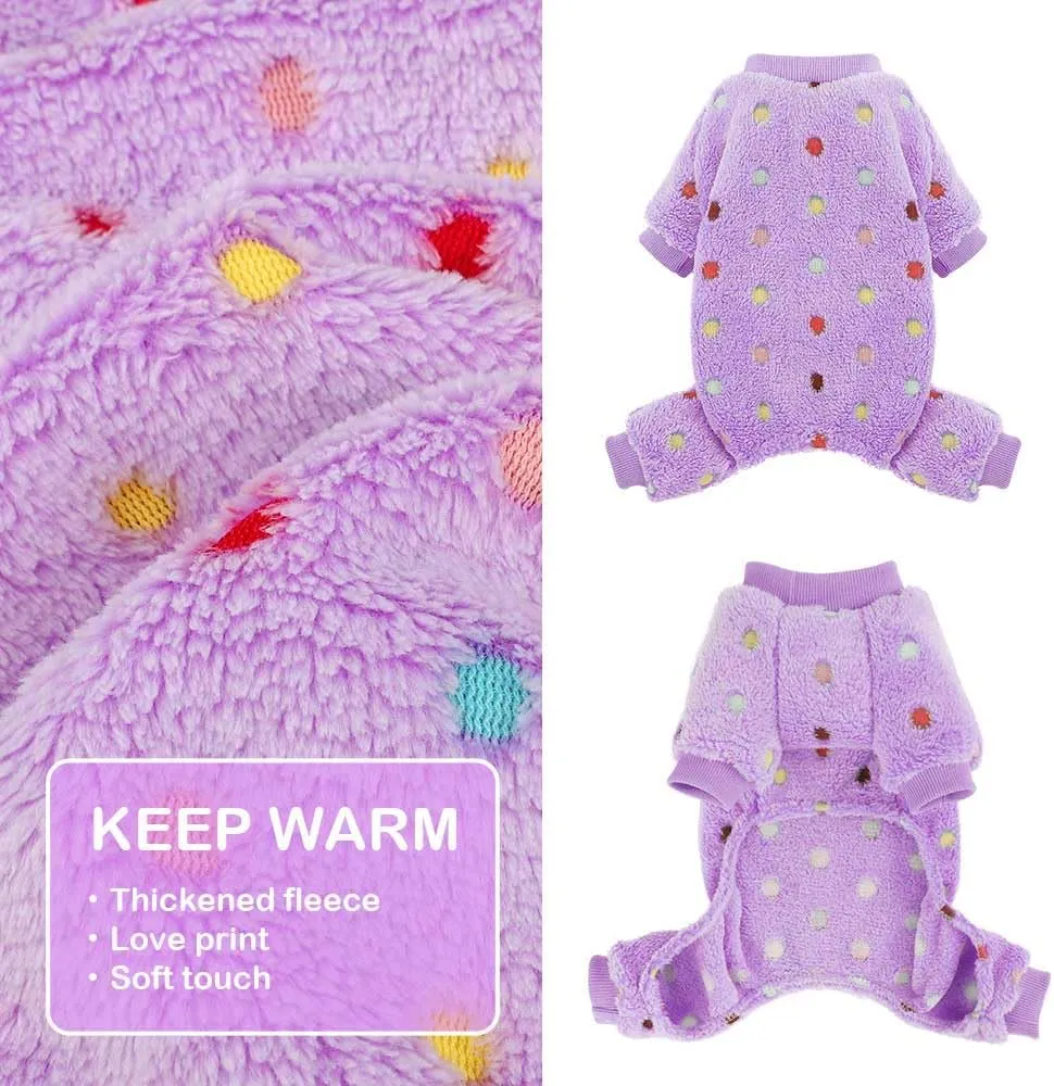 Sebaoyu Fleece Dog Sweater for Small Girl Boy Winter Cute Warm Pajamas Polka Dot Pet Clothes Puppy Yorkie Cat Tiny Outfit Pjs 4 Legs Jumpsuit(Purple,XX-Small)