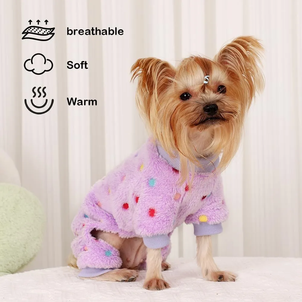 Sebaoyu Fleece Dog Sweater for Small Girl Boy Winter Cute Warm Pajamas Polka Dot Pet Clothes Puppy Yorkie Cat Tiny Outfit Pjs 4 Legs Jumpsuit(Purple,XX-Small)