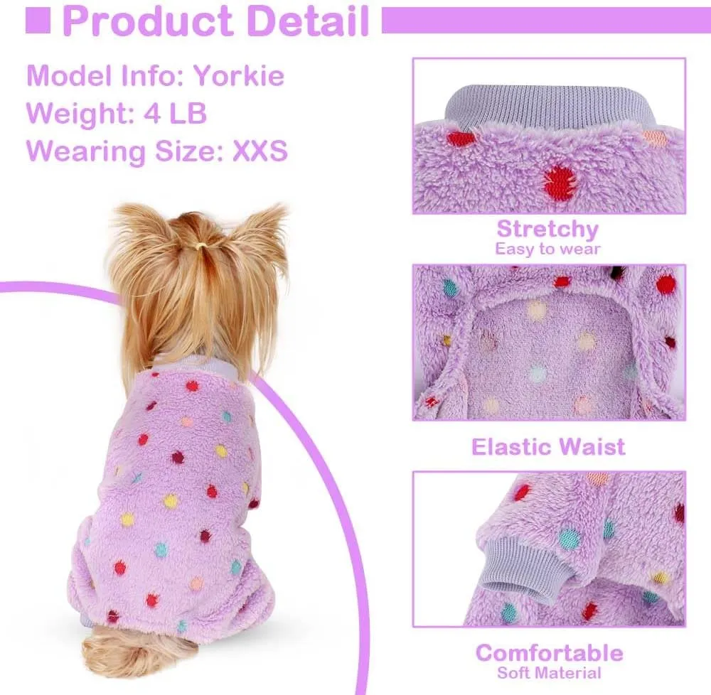 Sebaoyu Fleece Dog Sweater for Small Girl Boy Winter Cute Warm Pajamas Polka Dot Pet Clothes Puppy Yorkie Cat Tiny Outfit Pjs 4 Legs Jumpsuit(Purple,XX-Small)
