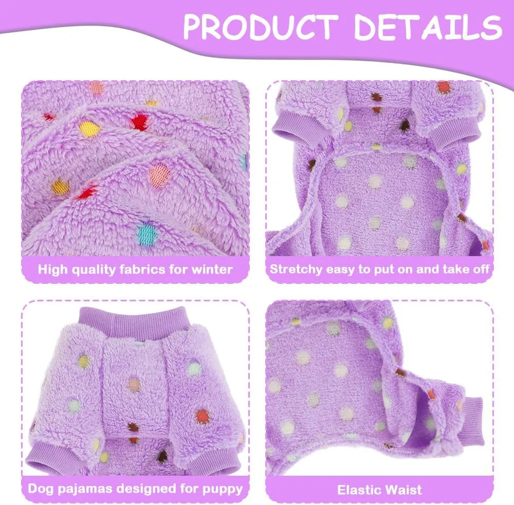 Sebaoyu Fleece Dog Sweater for Small Girl Boy Winter Cute Warm Pajamas Polka Dot Pet Clothes Puppy Yorkie Cat Tiny Outfit Pjs 4 Legs Jumpsuit(Purple,XX-Small)