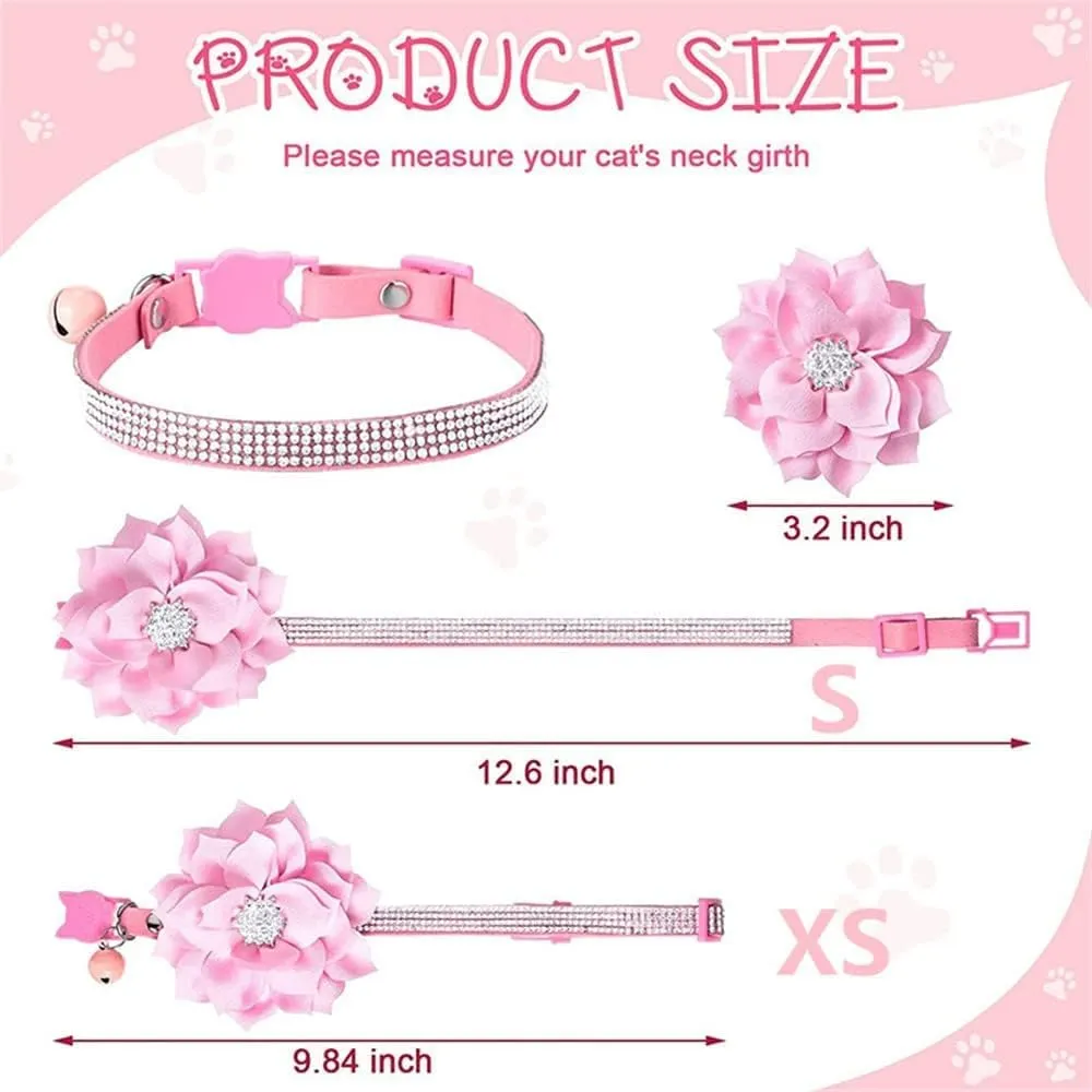 Serijoars Cat Collars,Rhinestone for Girl Cats Bling Kitten Flower Adjustable Breakaway Collar with Bell Soft Velvet Leather Collar for Puppy Small Dogs (Pink)