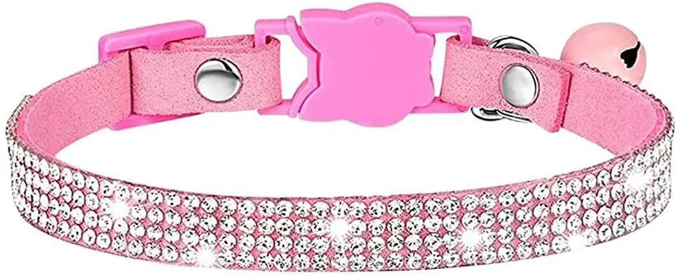 Serijoars Cat Collars,Rhinestone for Girl Cats Bling Kitten Flower Adjustable Breakaway Collar with Bell Soft Velvet Leather Collar for Puppy Small Dogs (Pink)