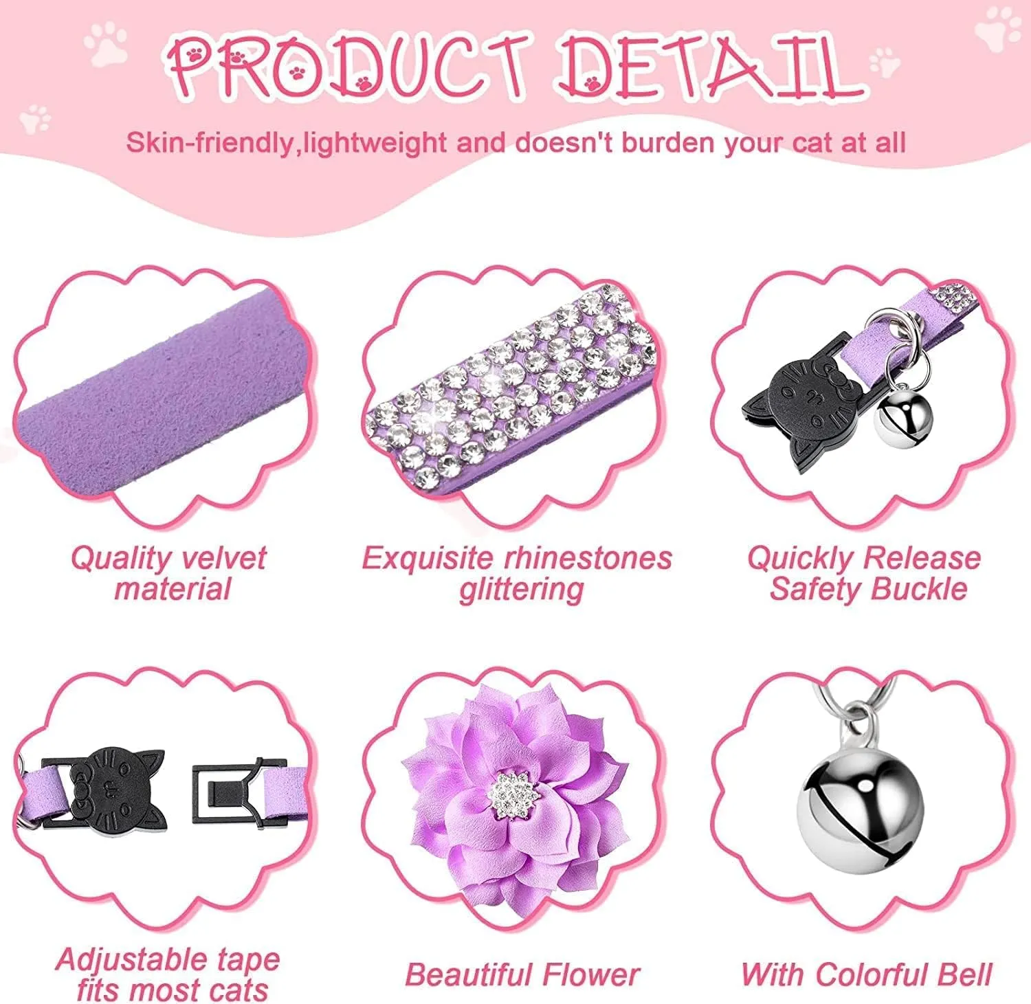 Serijoars Cat Collars,Rhinestone for Girl Cats Bling Kitten Flower Adjustable Breakaway Collar with Bell Soft Velvet Leather Collar for Puppy Small Dogs (Pink)