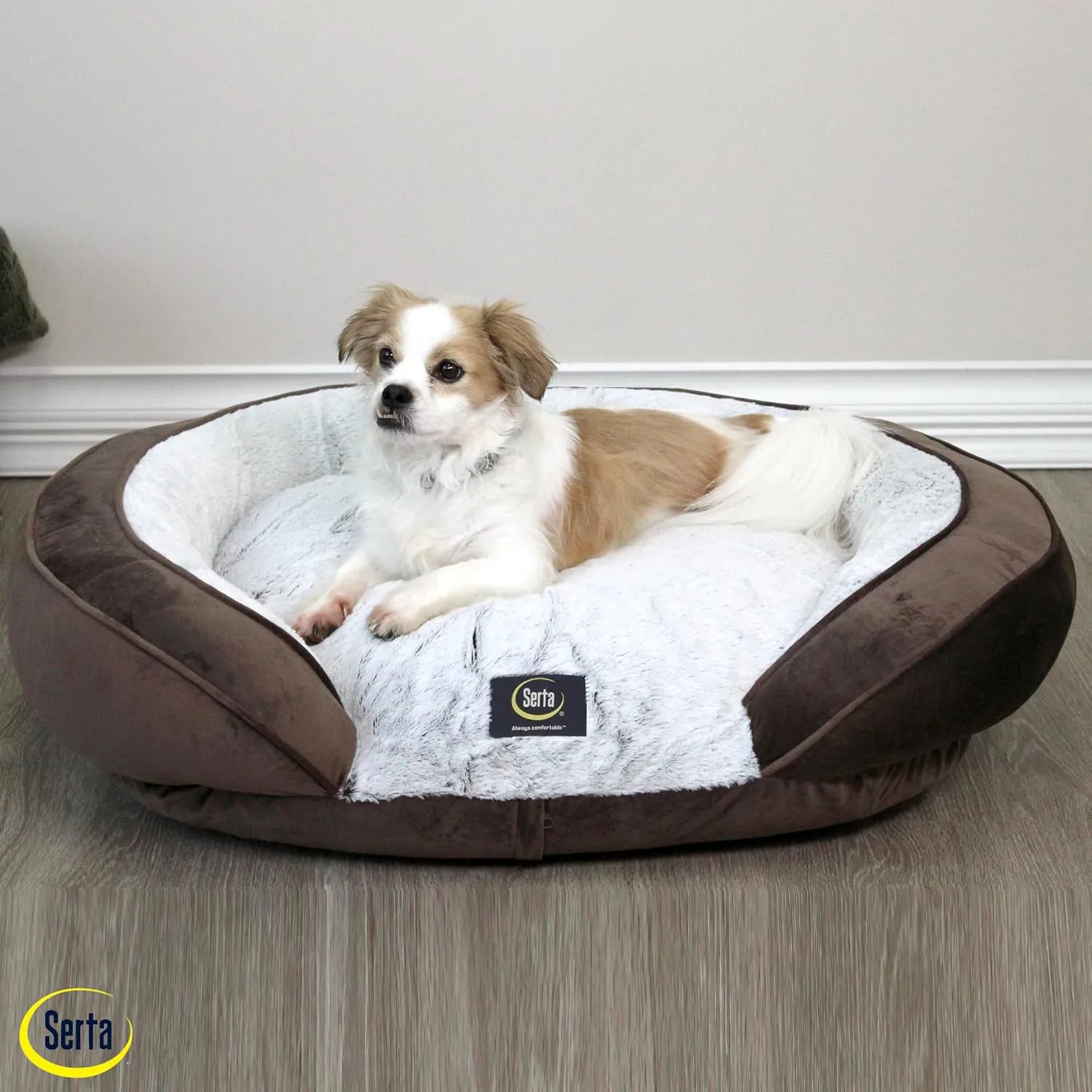Serta Oval Couch Dog Beds - Quilted Orthopedic Memory Foam Base with Supportive Rounded Bolsters - Brown (Large)