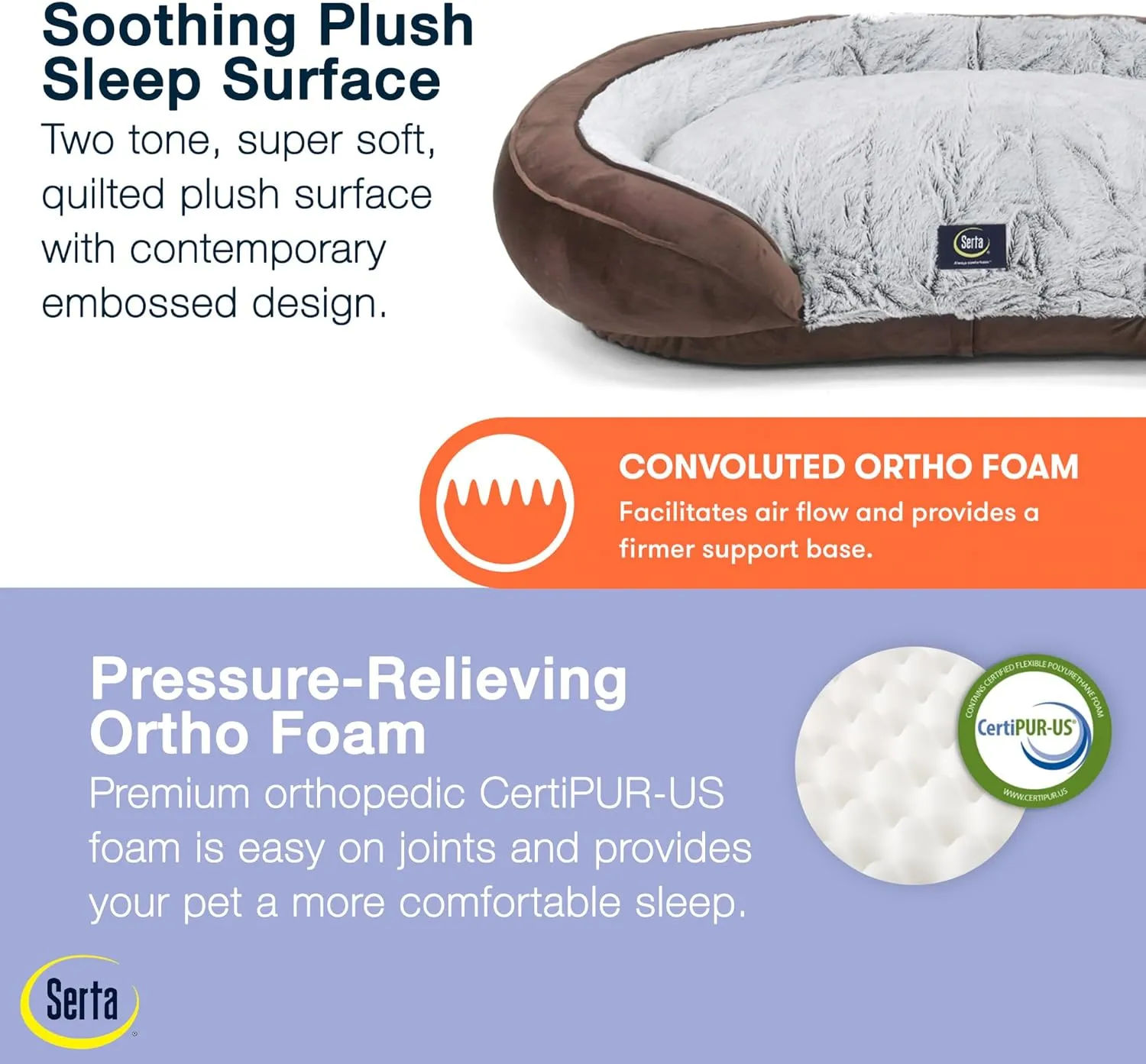 Serta Oval Couch Dog Beds - Quilted Orthopedic Memory Foam Base with Supportive Rounded Bolsters - Brown (Large)