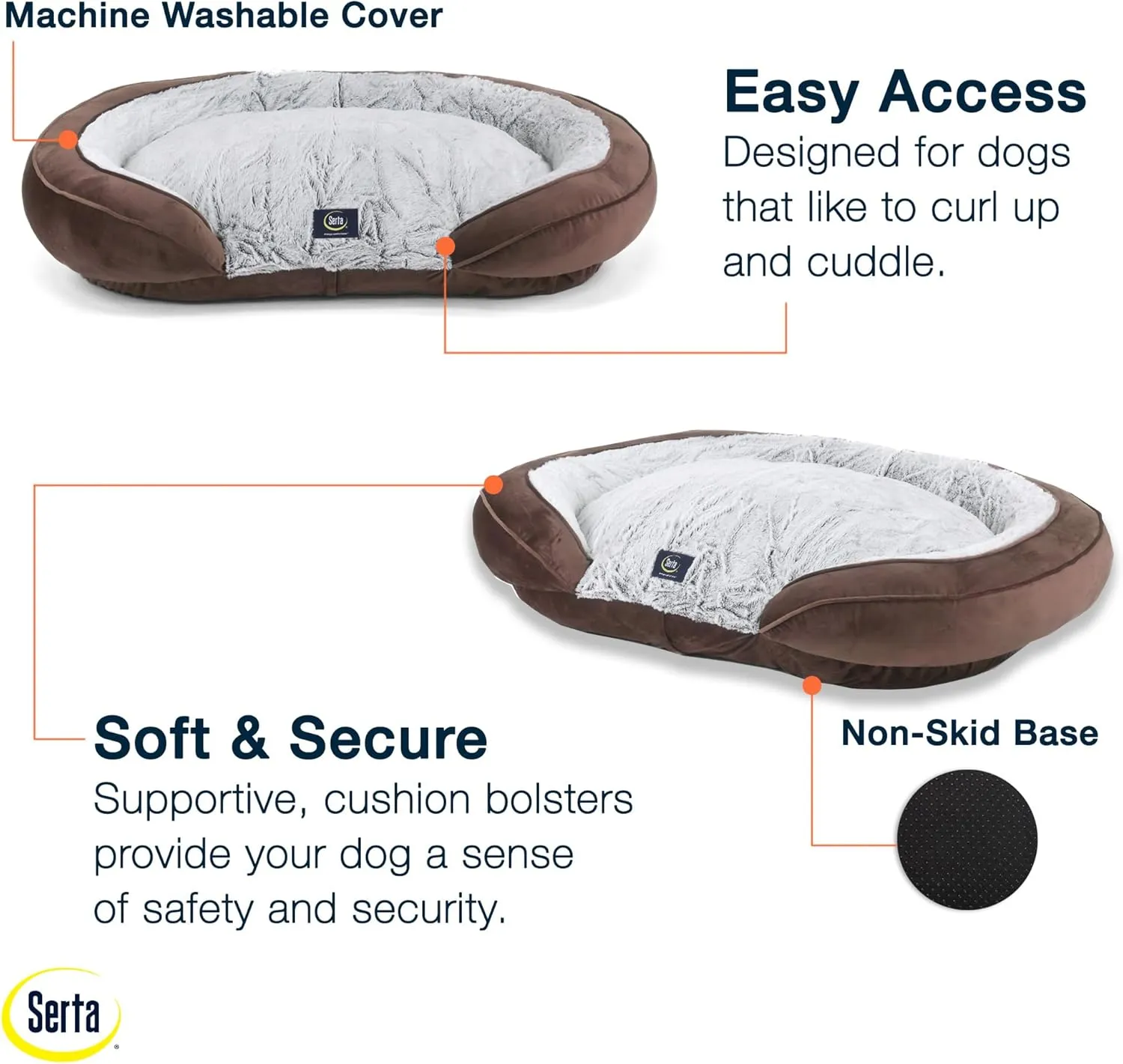 Serta Oval Couch Dog Beds - Quilted Orthopedic Memory Foam Base with Supportive Rounded Bolsters - Brown (Large)