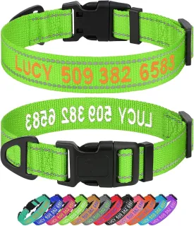 Taglory Personalized Dog Collars, Embroidered Reflective Collar with Name and Phone Number, Adjustable, Nylon Material, for Medium Dogs, Green