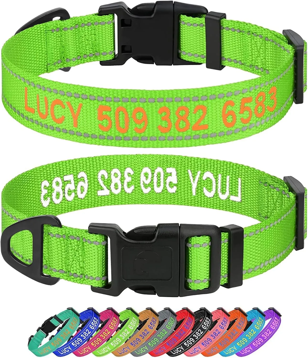 Taglory Personalized Dog Collars, Embroidered Reflective Collar with Name and Phone Number, Adjustable, Nylon Material, for Medium Dogs, Green