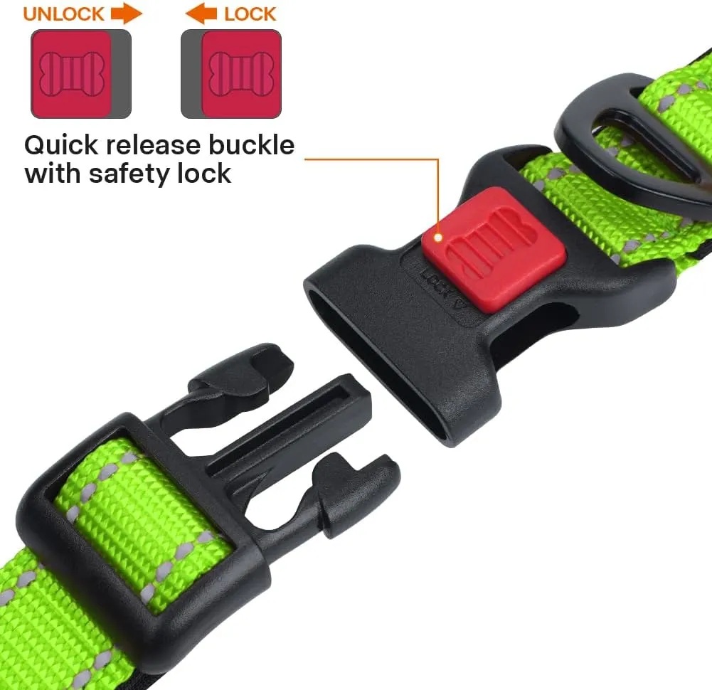 Taglory Reflective Dog Collar with Safety Locking Buckle, Adjustable Nylon Pet Collars for Large Dogs Female Male, Green, L