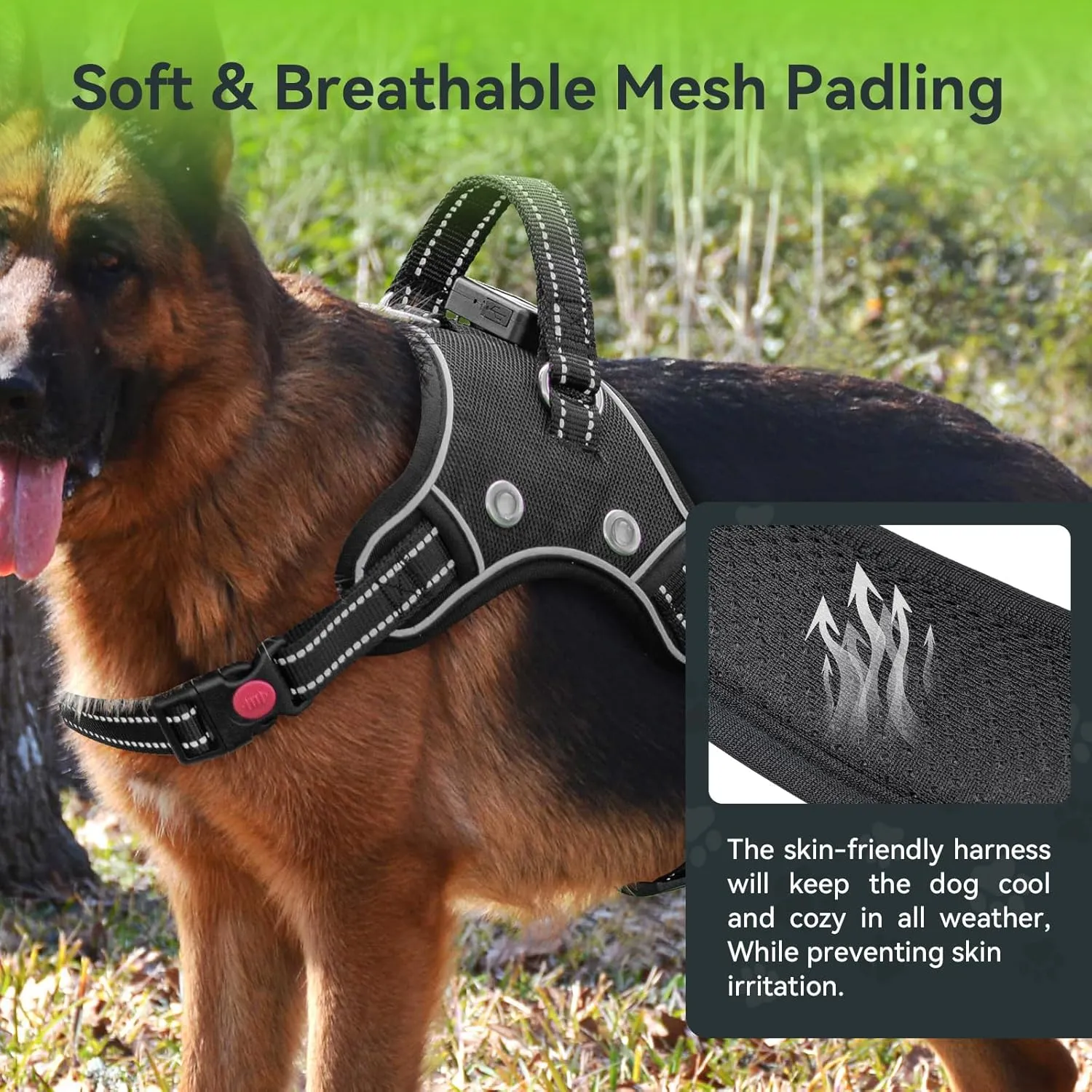 TECSPACE No Pull Light Up Dog Harness and Leash Set, Escape Proof Reflective Adjustable Soft Padded Pet Vest with Easy Control Handle for Small Medium Large Dogs and Cats, Forest camouflage