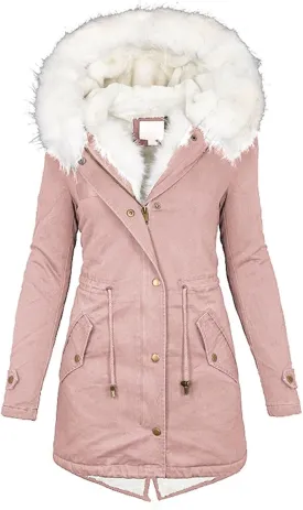 Women's Fleece Lined Parka Jackets Thicken Warm Winter Coat Hooded Ski Jacket with Pockets Windproof Puffer Jackets Pea Coat