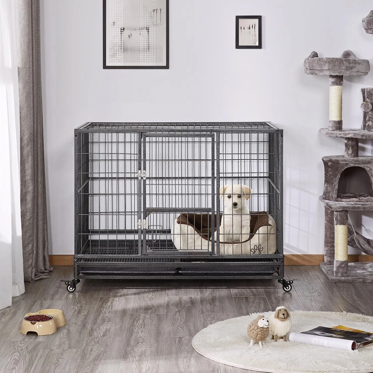 Yaheetech Dog Crate 43-inch Heavy Duty Metal Dog Cage Collapsible Open Top Pet Kennel w/Double Doors & Prevent Escape Locks/Lockable Wheels/Double Tray Indoor Outdoor, Black