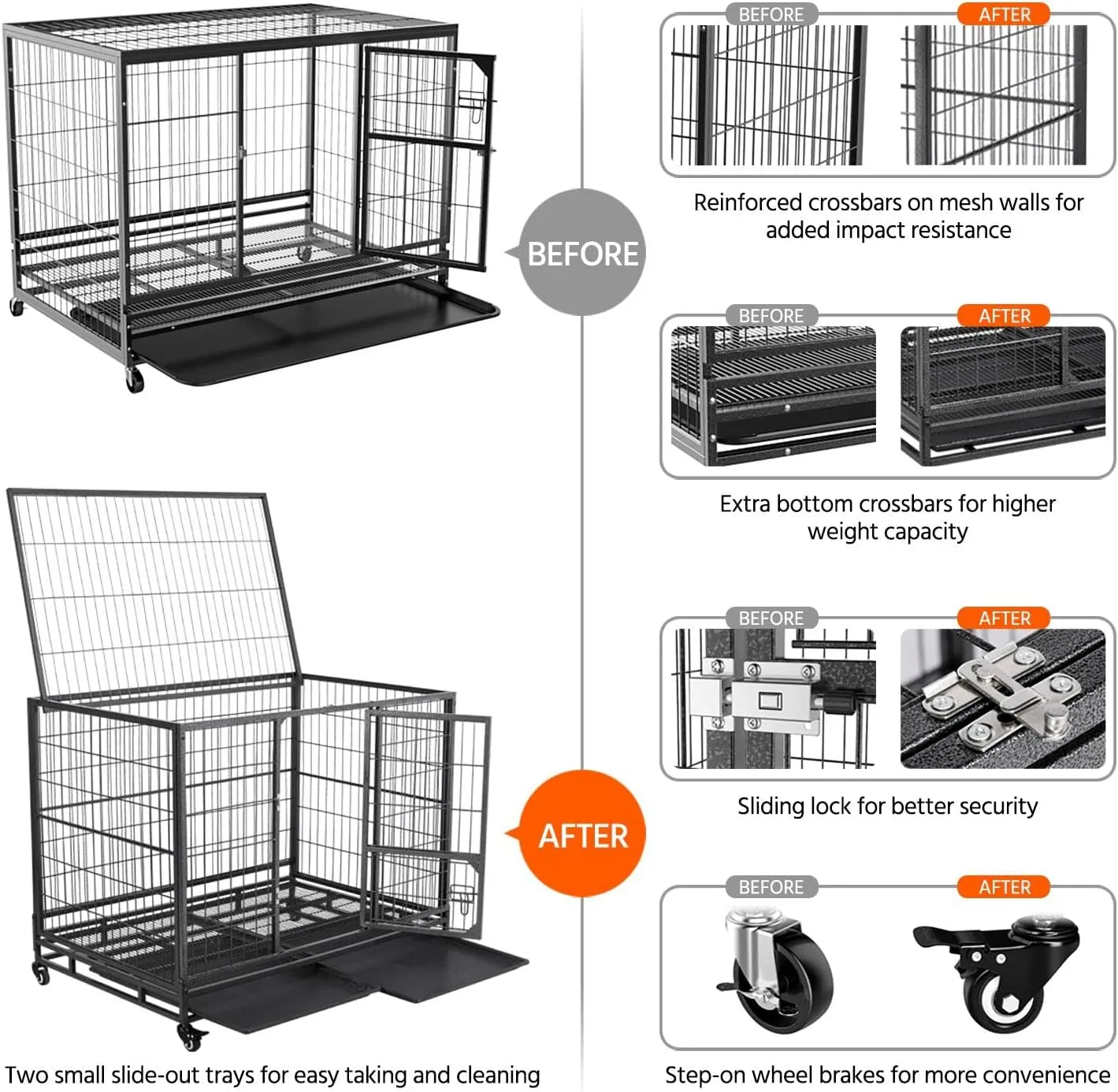 Yaheetech Dog Crate 43-inch Heavy Duty Metal Dog Cage Collapsible Open Top Pet Kennel w/Double Doors & Prevent Escape Locks/Lockable Wheels/Double Tray Indoor Outdoor, Black
