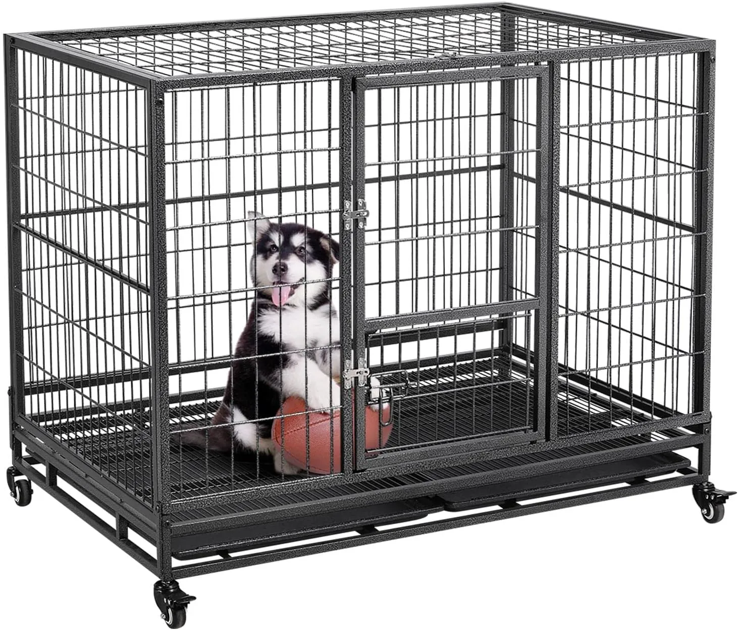Yaheetech Dog Crate 43-inch Heavy Duty Metal Dog Cage Collapsible Open Top Pet Kennel w/Double Doors & Prevent Escape Locks/Lockable Wheels/Double Tray Indoor Outdoor, Black