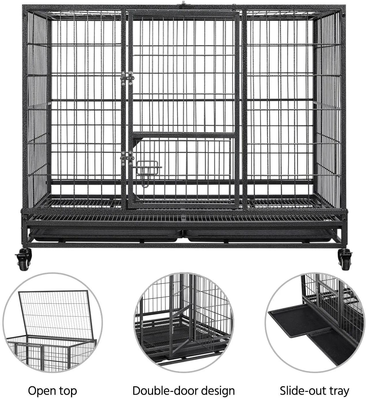Yaheetech Dog Crate 43-inch Heavy Duty Metal Dog Cage Collapsible Open Top Pet Kennel w/Double Doors & Prevent Escape Locks/Lockable Wheels/Double Tray Indoor Outdoor, Black