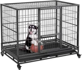 Yaheetech Dog Crate 43-inch Heavy Duty Metal Dog Cage Collapsible Open Top Pet Kennel w/Double Doors & Prevent Escape Locks/Lockable Wheels/Double Tray Indoor Outdoor, Black